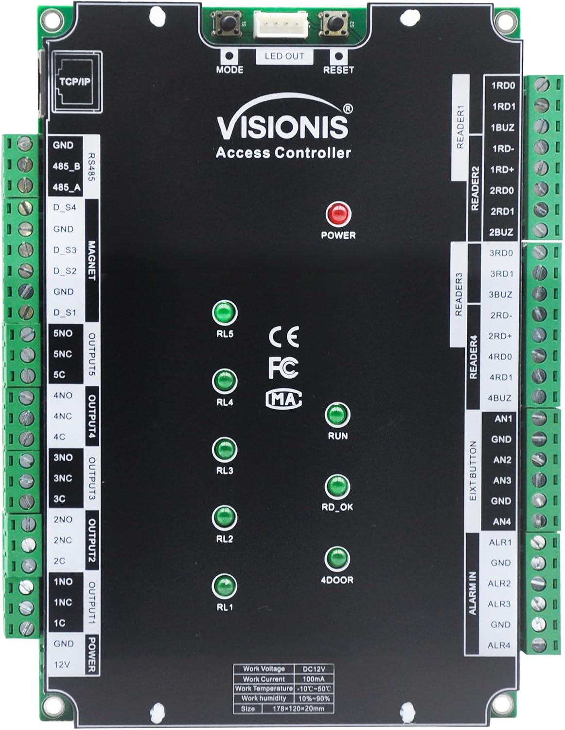 Visionis VS-AXESS-4ETL-PCB Four Door Network Access Control System Board Controller for 4 Doors Security with TCP/IP Wiegand and Desktop Software 20,000/70,000 User Record