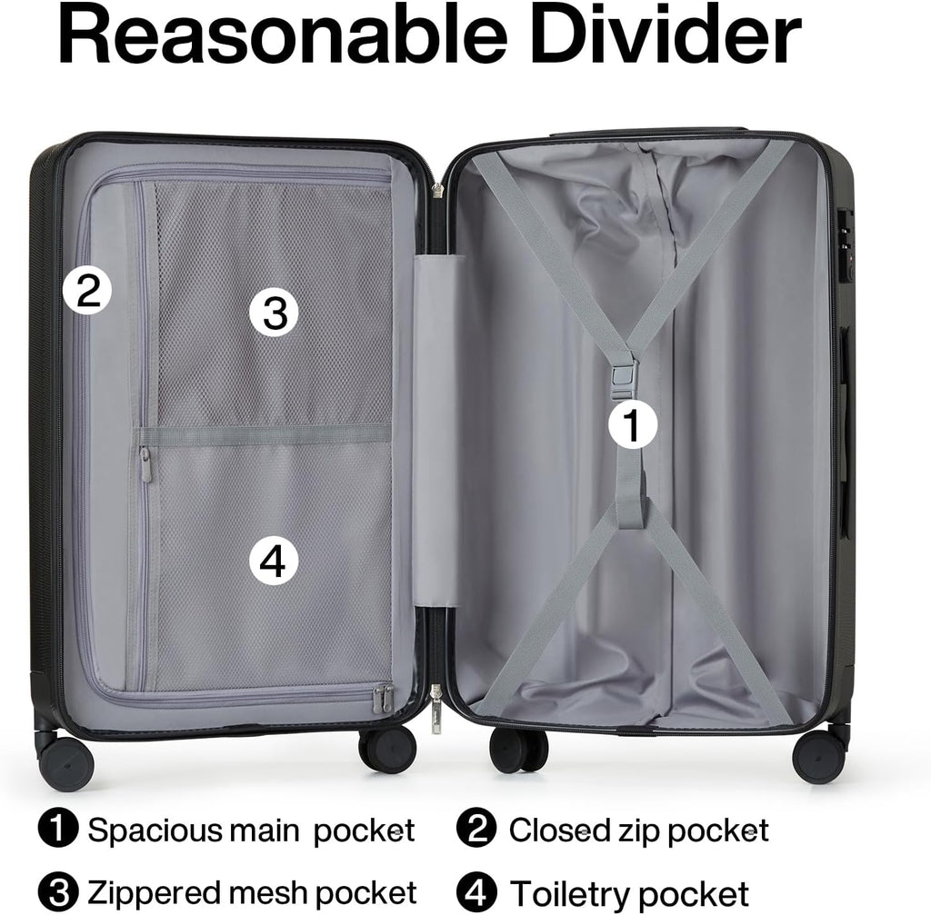 Hanke 24 Inch Luggage Suitcases With Spinner Wheels Lightweight PC Hard Shell Rolling Suitcase With Travel Lock,Checked-Medium 24-Inch(Jet Black)