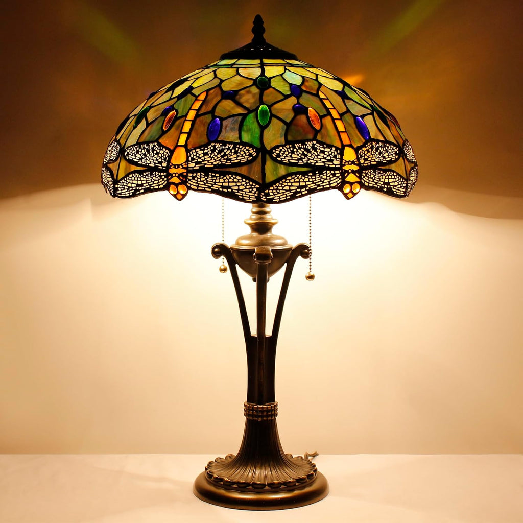 Tiffany Table Lamp Brown Yellow Stained Glass Desk Lamp 16X16X24 Inches Dragonfly Style Reading Light