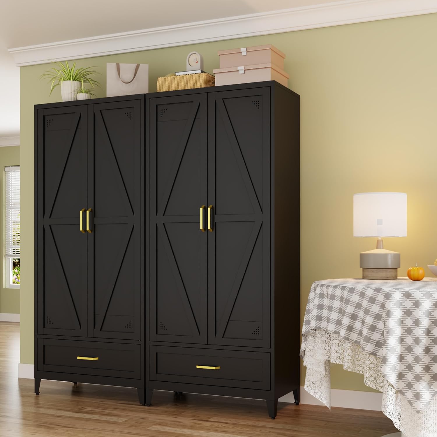 71' Tall Kitchen Pantry Storage Cabinet with Barn Doors, Drawer & Adjustable Shelves, Freestanding Storage Kitchen Cupboard, Versatile Food Pantry for Dining Room, 32' Wide,Black