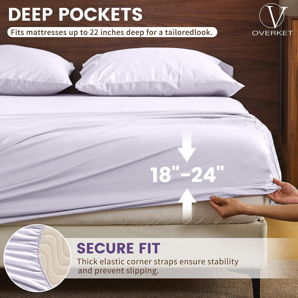 100% Linen Sheet Set King Size Extra Deep Pocket Fits 18-24 Inch Mattress, Breathable & Soft, Smooth 4-Piece Set for Thick Mattresses Hotel Luxury Bedding（King, Light Purple）