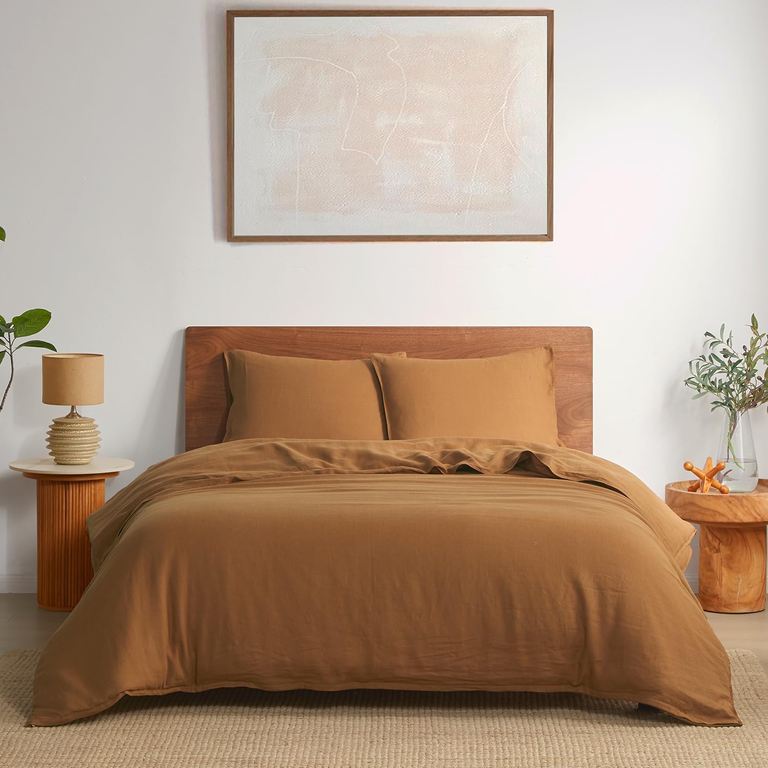 DAPU 100% Linen Duvet Cover Set - Pure Natural French Flax Linen with Corner Ties and Zipper Closure Soft Breathable Durable for Hot Sleepers 1 Duvet Cover 2 Pillowcases (Earthy Linen, Queen)