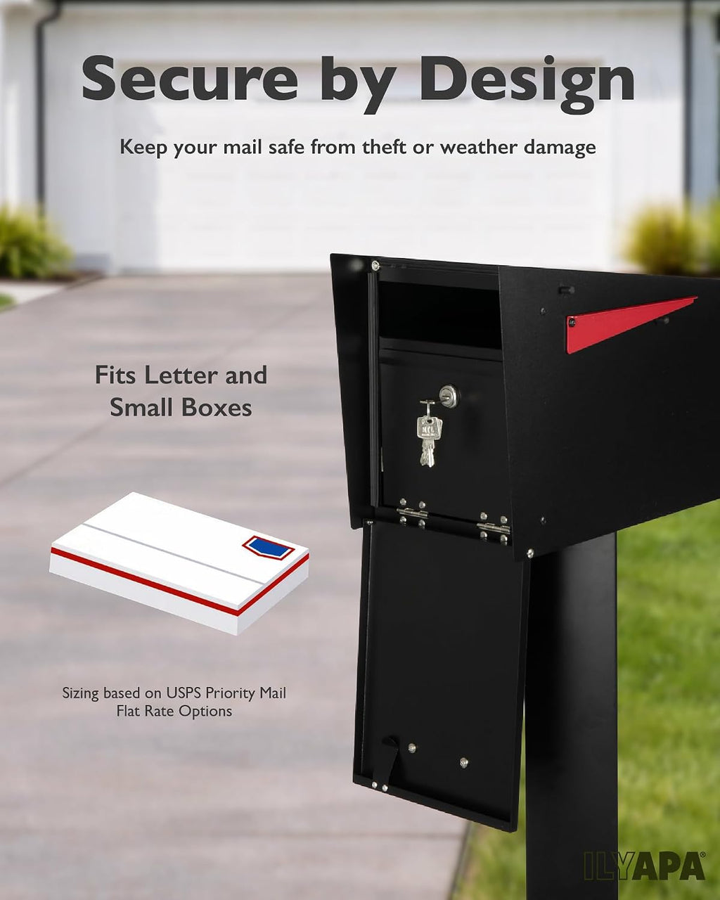 Ilyapa Locking Mailbox with Lock and Key Modern Mailboxes for Outside Post Mount - Black Powder Coated Steel, All Weather & Corrosion Resistant, Stainless Steel, Angled