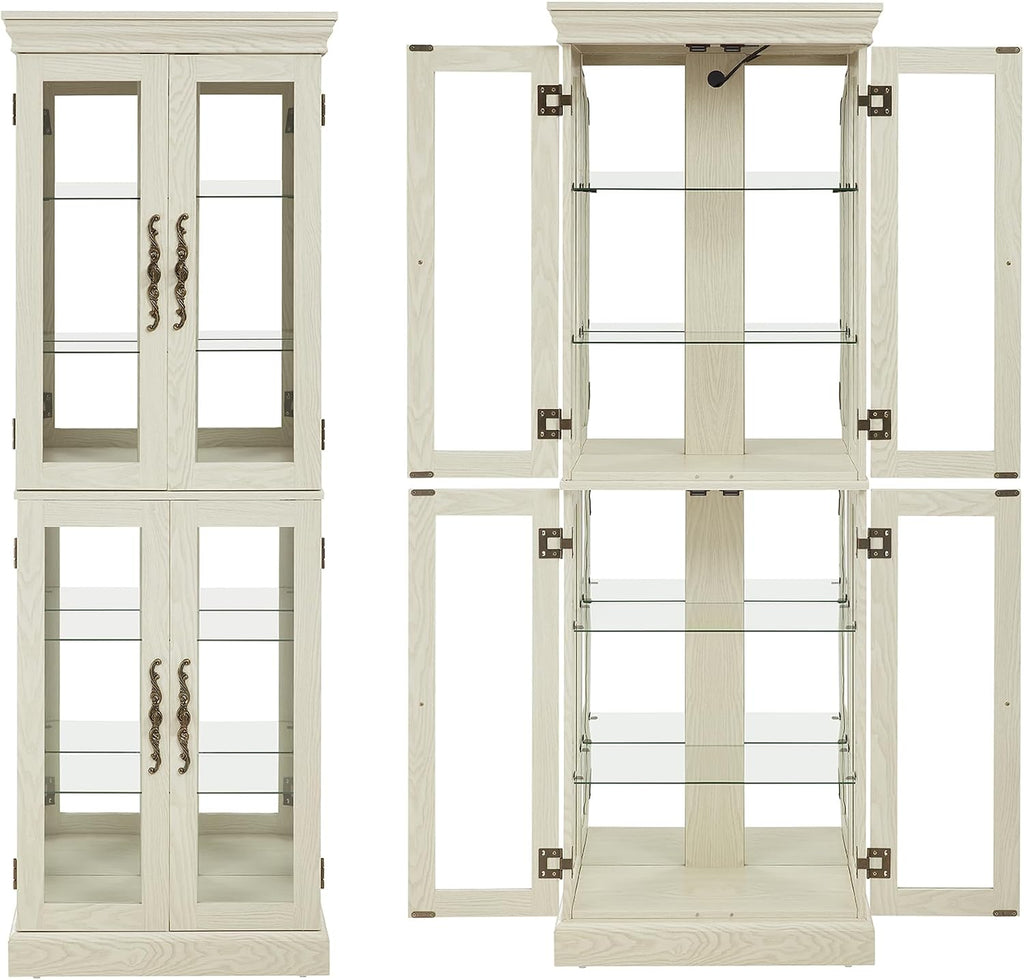 71' H Lighted Curio Cabinet Display Case, Glass Curio Cabinets with Adjustable Shelves and Tempered Glass Door, Wooden Cabinet w/Mirrored Back Pane for Living Room (Antique White)