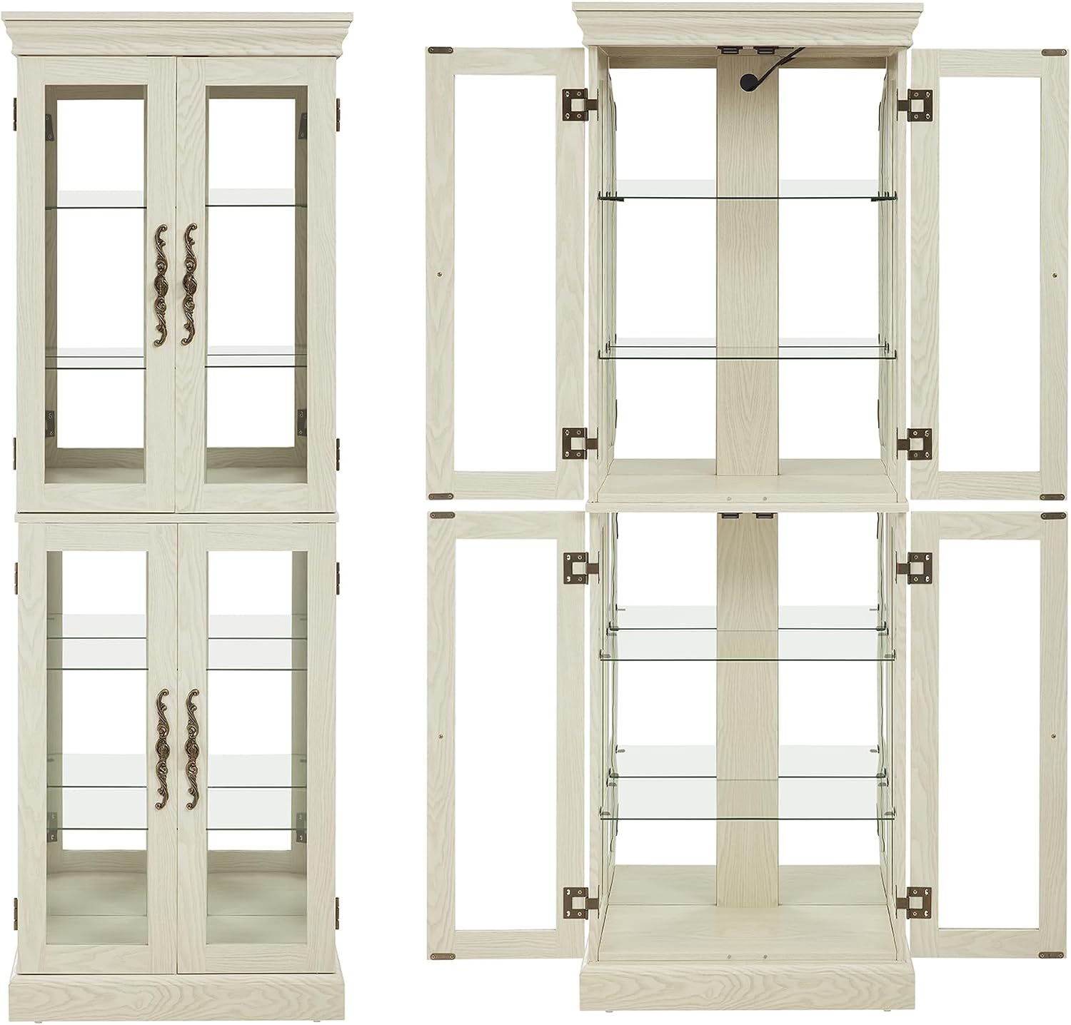 71' H Lighted Curio Cabinet Display Case, Glass Curio Cabinets with Adjustable Shelves and Tempered Glass Door, Wooden Cabinet w/Mirrored Back Pane for Living Room (Antique White)
