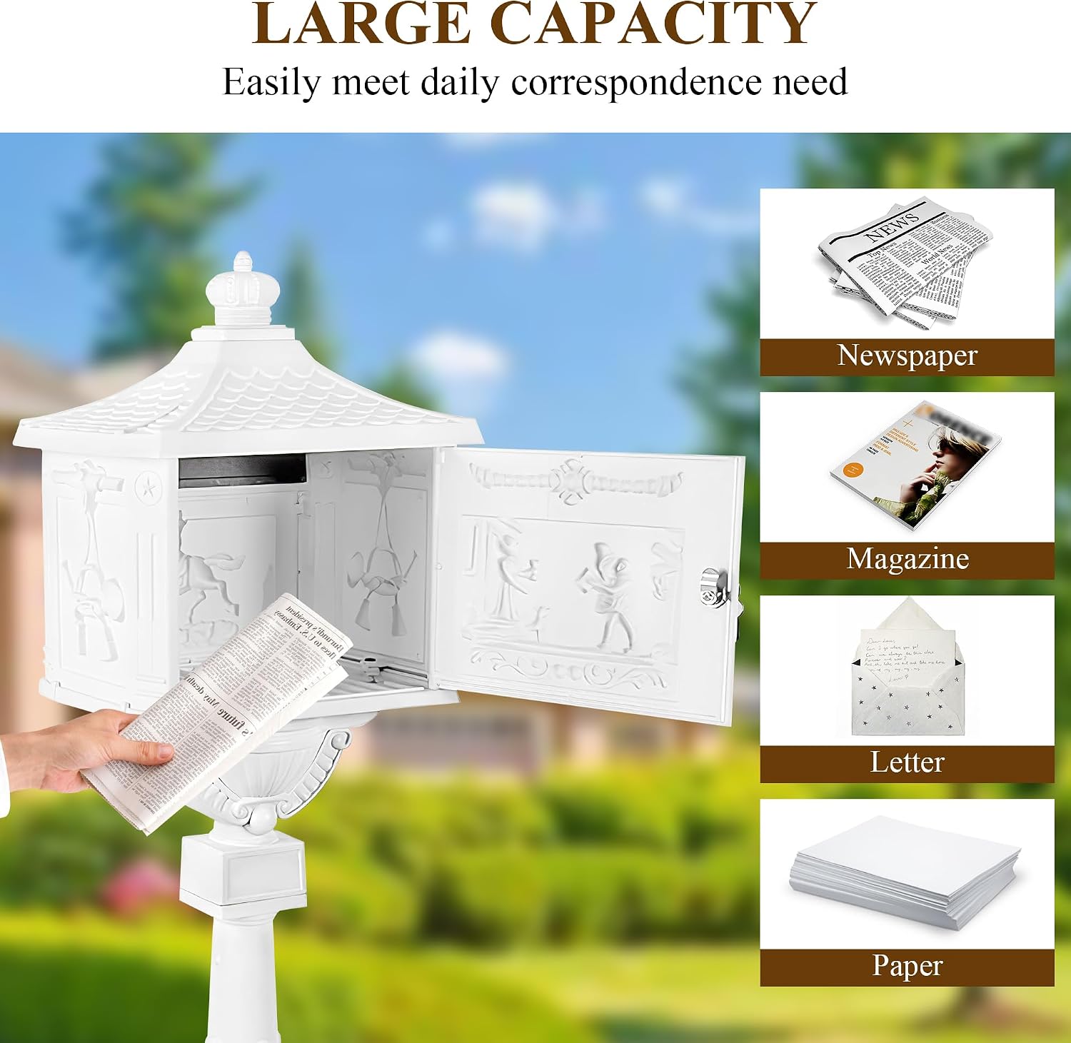 Mailbox, Heavy Duty Cast Aluminum Postal Box, Mail Box with 2 Keys for Courtyard Villa Decoration - White