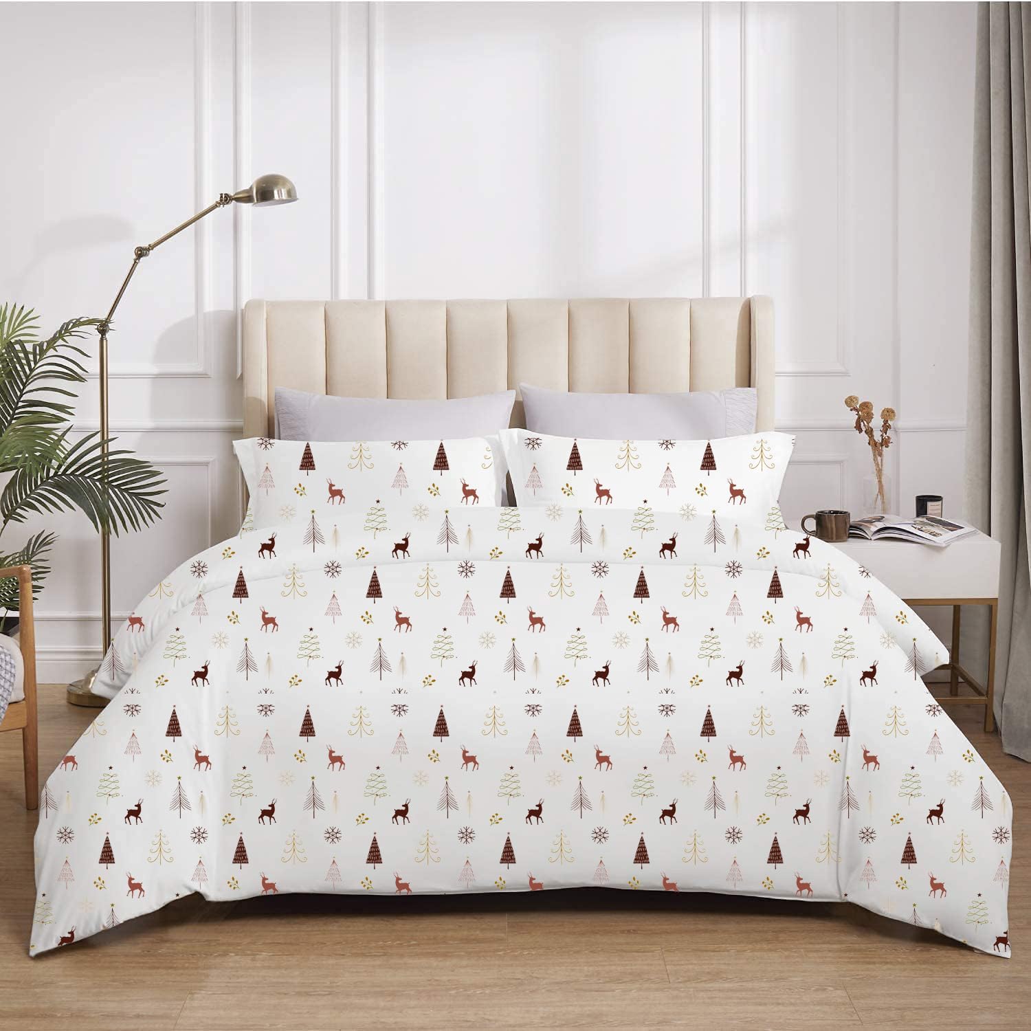 White Christmas Print Duvet Cover Set – Oversized Queen 98x98 Inch, 100% Cotton Soft Breathable Holiday Bedding Set with Zipper Closure & Corner Ties, Reindeer & Tree Pattern with 2 Pillow Shams