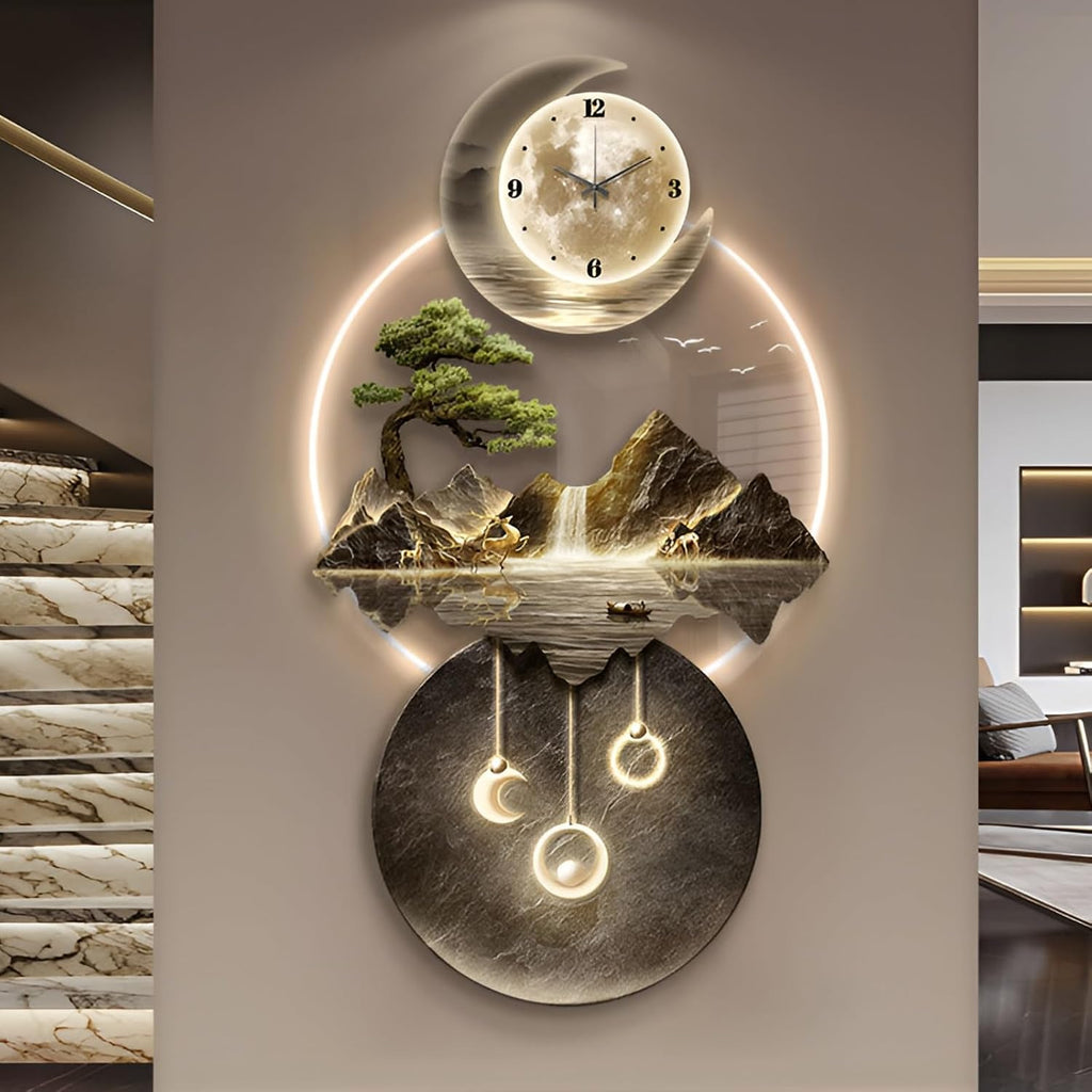 XQDYSG Wall Sculptures 3D Wall Art Decor Clock Plug-in Power Supply Home Decor Wall Modern Wall Hanging Sculpture Painting with LED Light for Bedroom Living Room Apartmen(Stylle B,19.6 * 39.37IN)