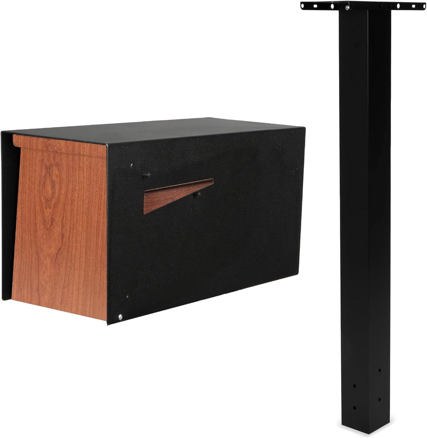 Ilyapa Modern Black Mailbox with Ash Wood Door & Waterproof Parcel Storage + Heavy-Duty 43' Metal Mailbox Post with Universal Mounting Plates for Curbside Residential Use