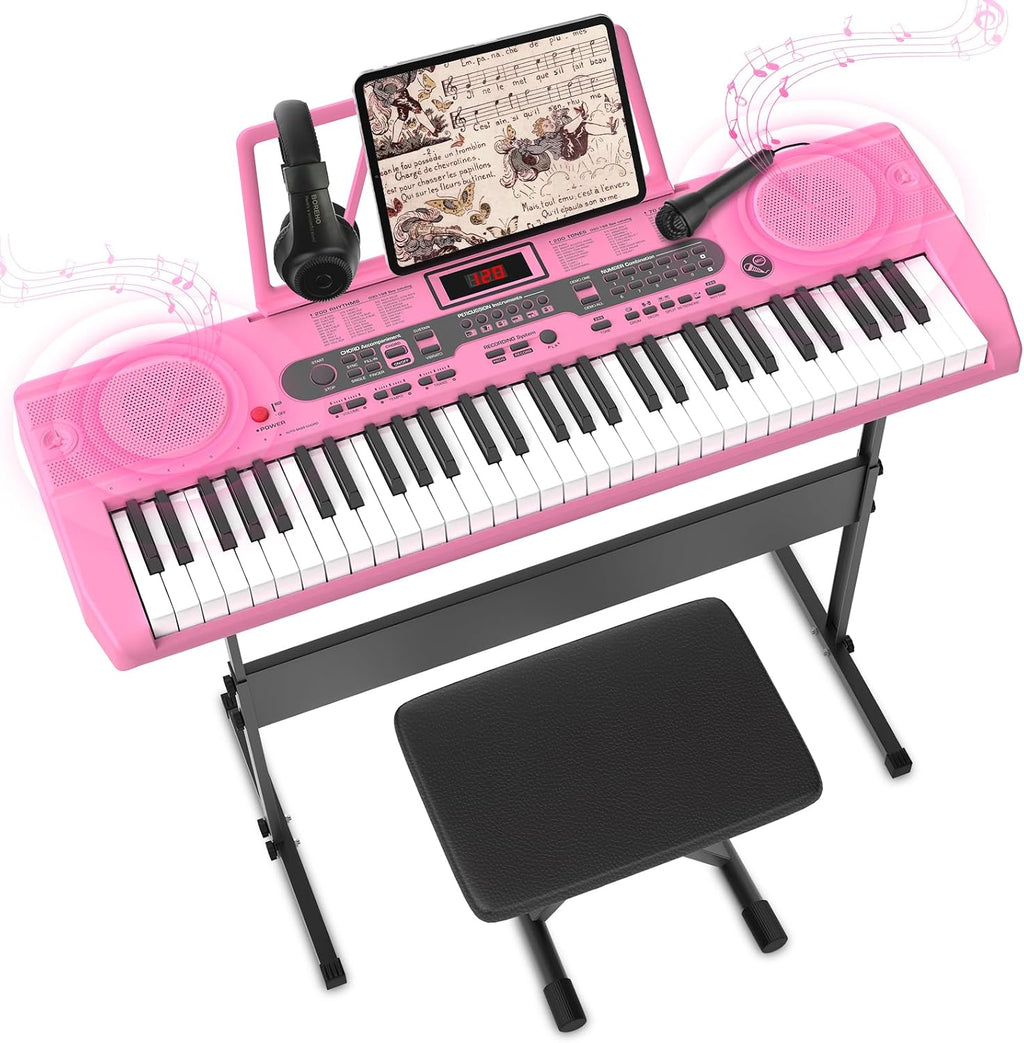 Fenbeli 61 Key Keyboard Piano for Beginners, Electric Piano Keyboard with Stand and Bench, Microphone, Headphone, Sheet Music Stand, LED Screen, 200 Tones, Teaching Mode, Holiday Gift