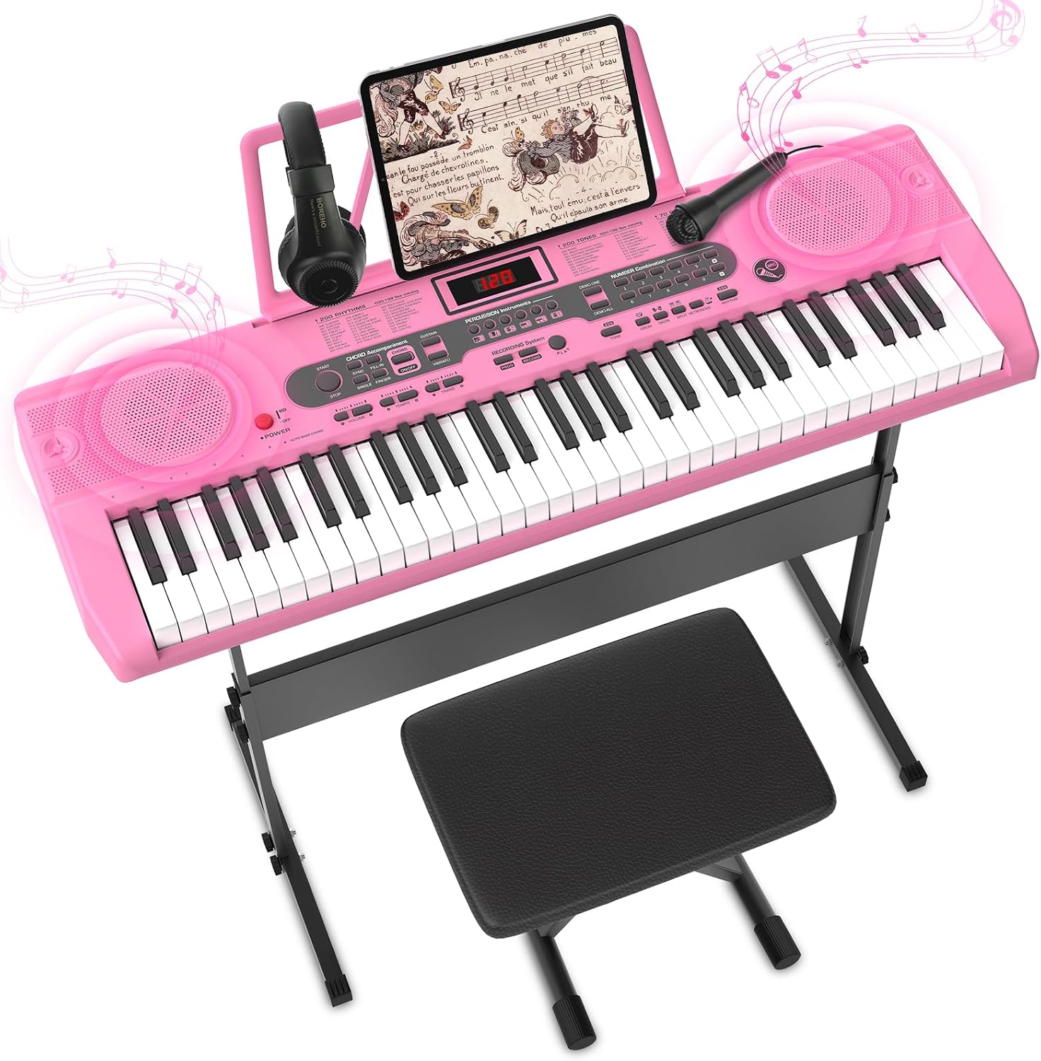 Fenbeli 61 Key Keyboard Piano for Beginners, Electric Piano Keyboard with Stand and Bench, Microphone, Headphone, Sheet Music Stand, LED Screen, 200 Tones, Teaching Mode, Holiday Gift