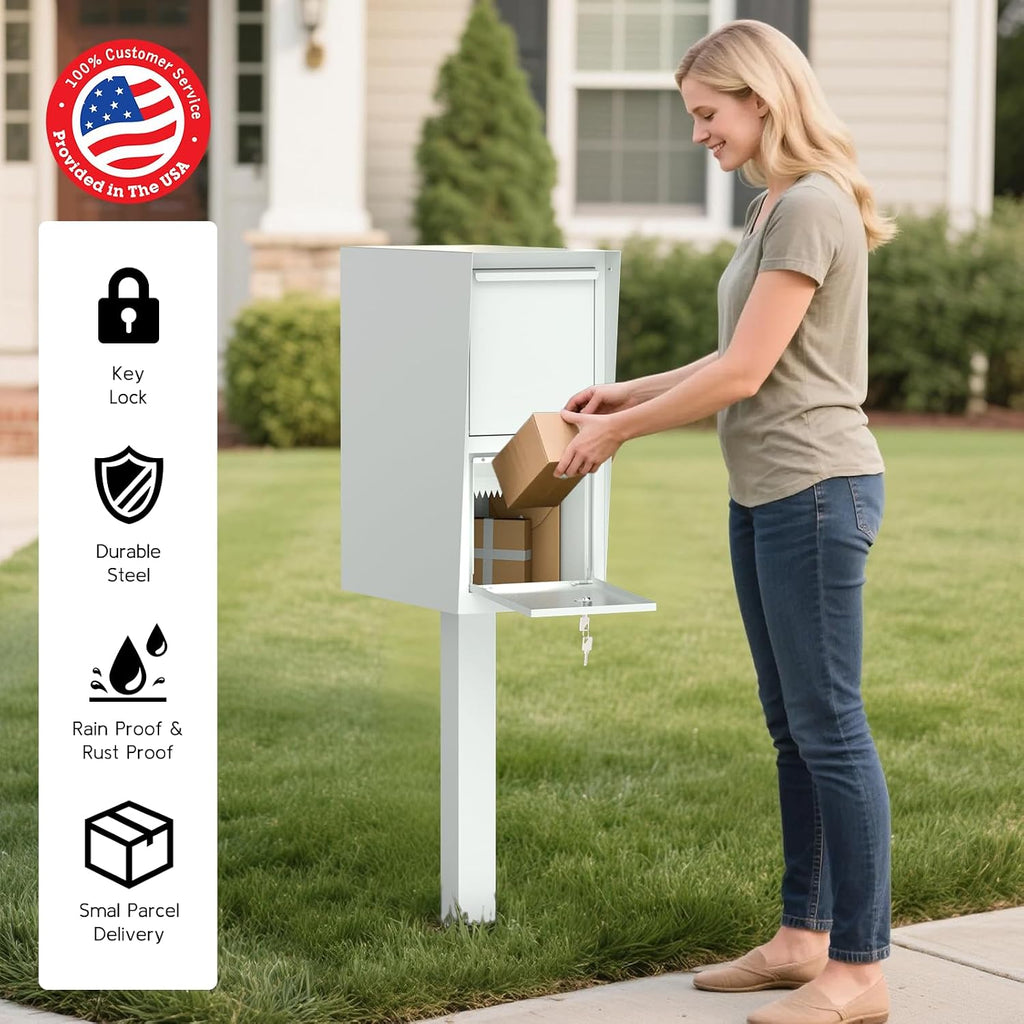POCHAR Large Locking Mailbox for Outside - Secure Curbside Mailbox Post Mount with Base Plate - Weekend-Away Design Outdoor Commercial Mail Box for Business, Package Drop Box, White