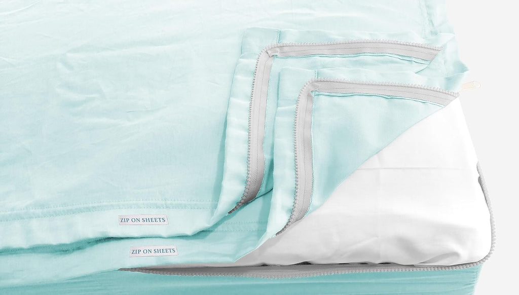 Zip On Sheets Twin XL Zipper Fitted Sheets 39X80 - Includes 2 Zip On Sheet & 1 Fitted Sheet Base - 8' to 16' Inch Deep Pocket Zipper Sheets - Faster & Easier Microfiber Twin XL Size - Aqua Blue