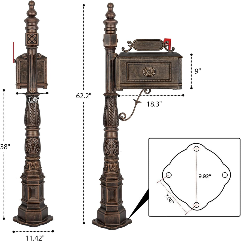 Heavy Duty Mailbox Classic Decorative Cast Aluminum Mail Box Postal Vertical Pedestal (Bronze)
