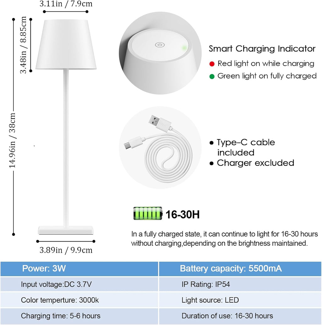 4-Pack Rechargeable Table Lamps, LED Cordless Table Lamp, 3W 6000mAh Battery Operated Table Light, Stepless Dimming Portable Table Light Waterproof for Restaurant/Indoor/Outdoor (White)