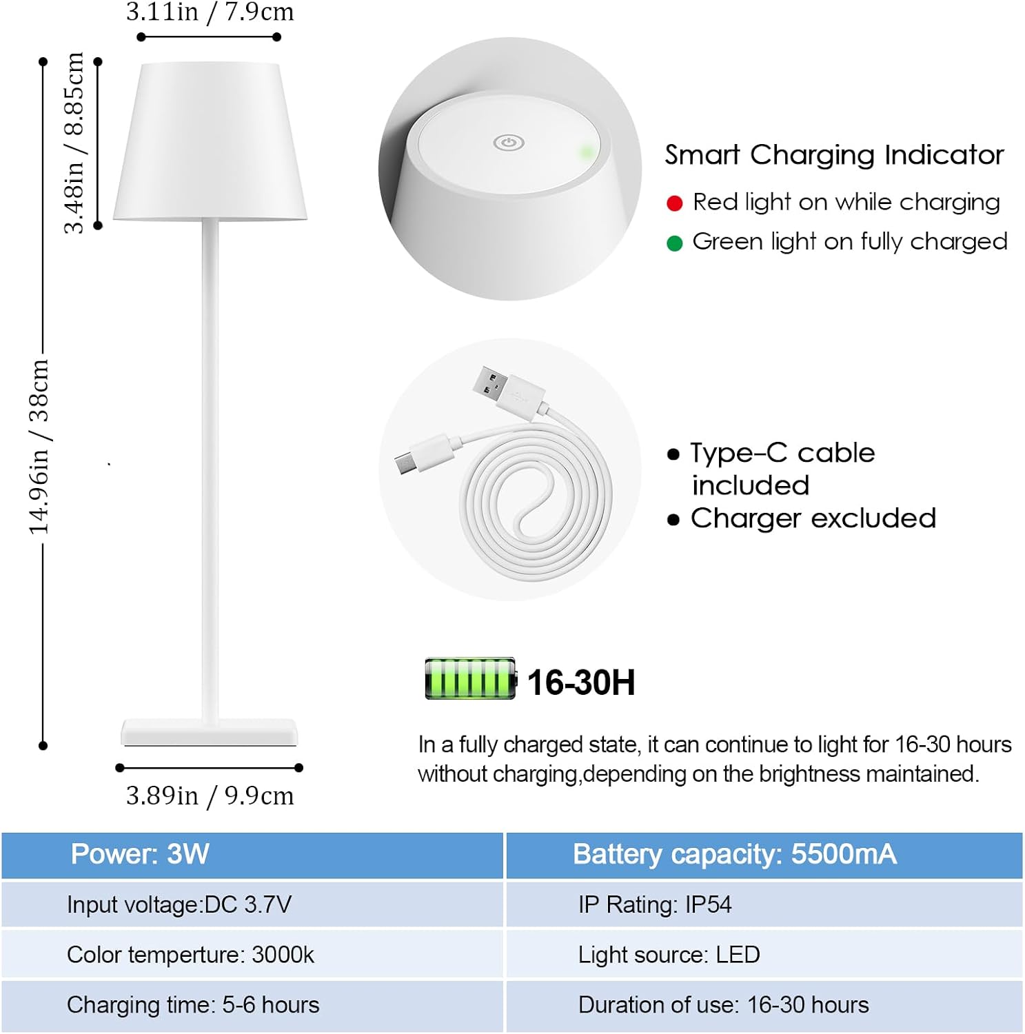 4-Pack Rechargeable Table Lamps, LED Cordless Table Lamp, 3W 6000mAh Battery Operated Table Light, Stepless Dimming Portable Table Light Waterproof for Restaurant/Indoor/Outdoor (White)
