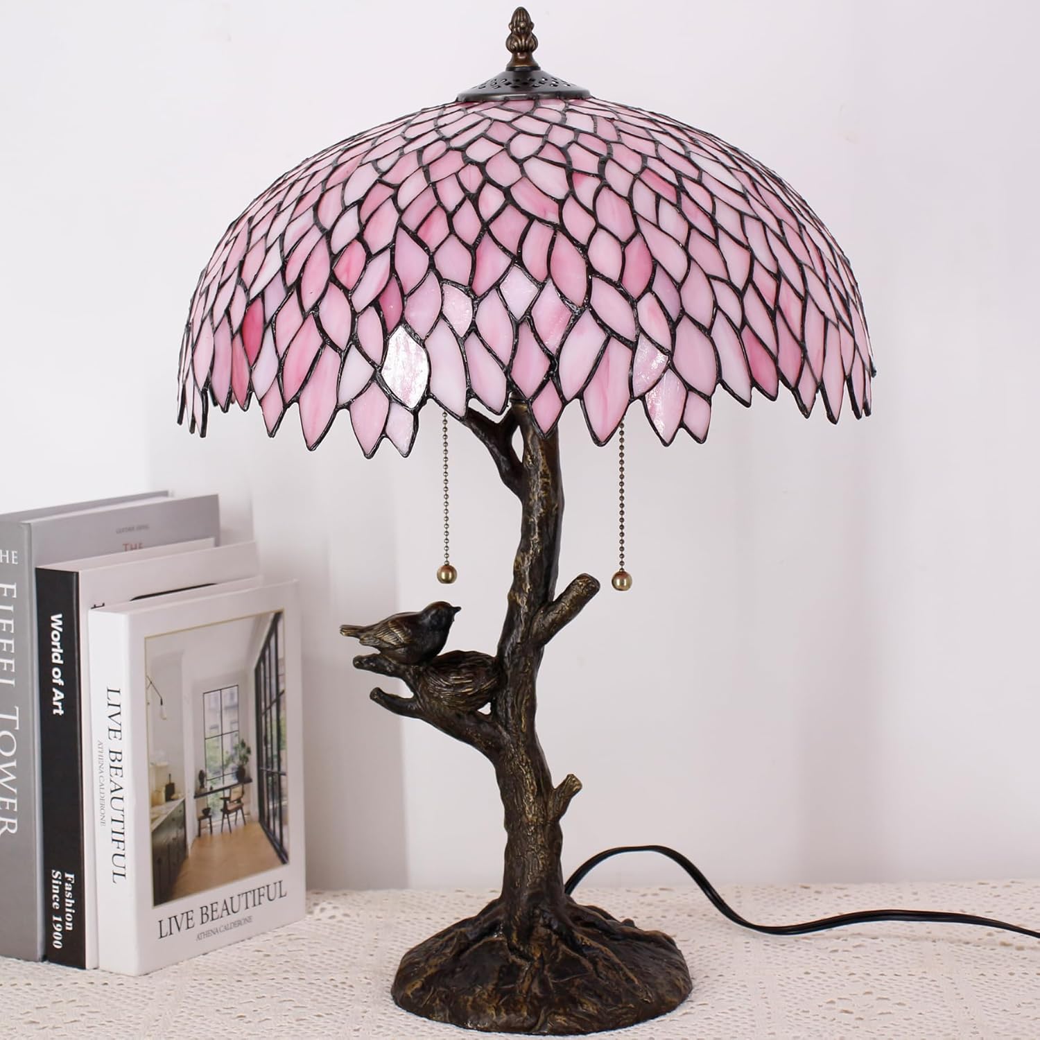 Large Tiffany Lamp Shade Replacement Only 16Inch Stained Glass Lampshade Fit For Table Lamps FLoor Lamp Ceiling Fixture Pendant Hanging Light Home Office Decoration (Pink Wisteria)