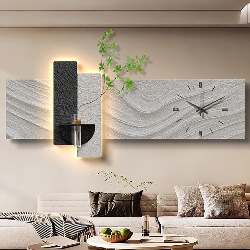 PAKMEZ Plug-in Power Supply Sandstone Wall Art with Clock, Sandstone Decor Wall Art Painting with Vase and Fake Plant, Home Decor for Living Room Office Study(Gray,120 * 48cm/47.2 * 18.9in)