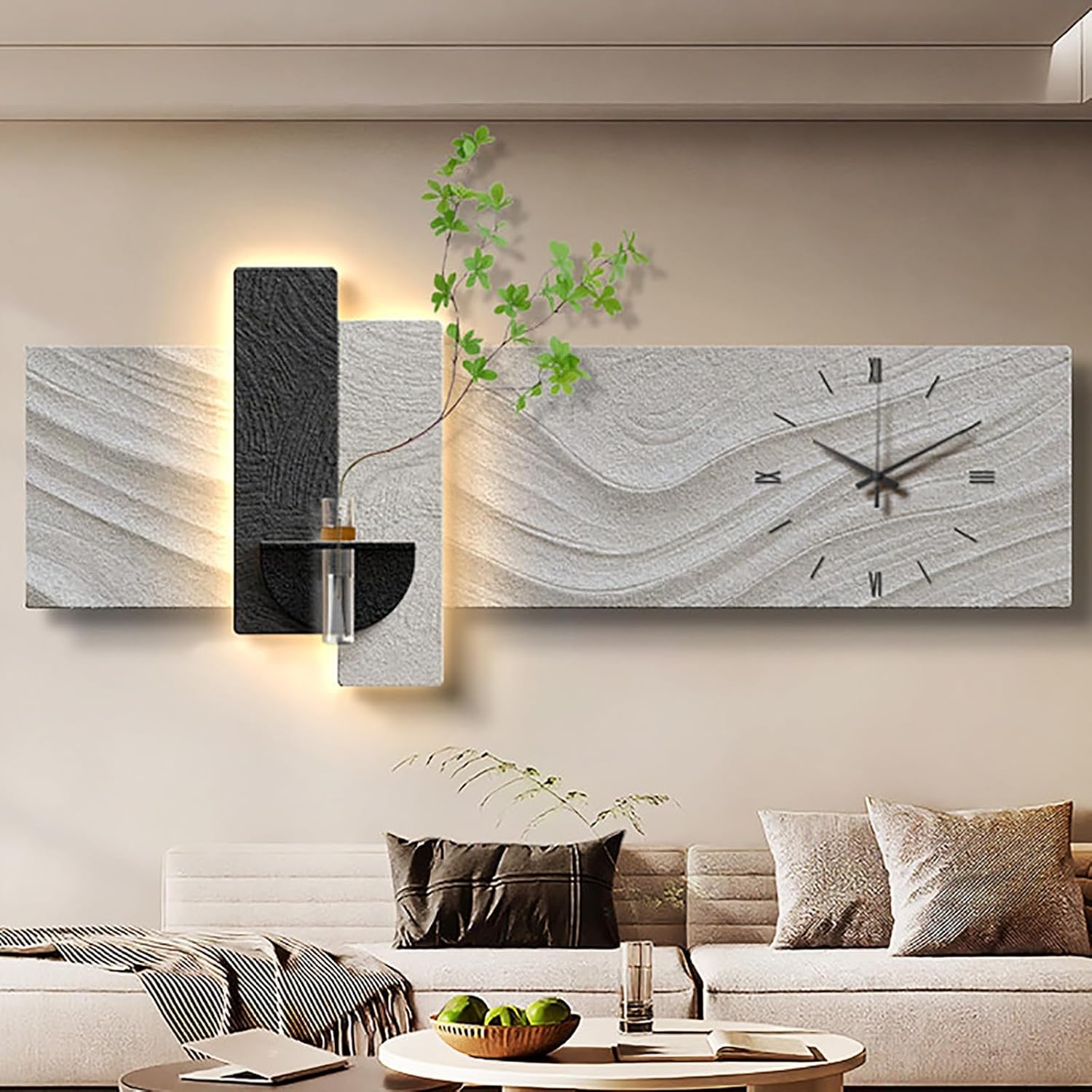 PAKMEZ Plug-in Power Supply Sandstone Wall Art with Clock, Sandstone Decor Wall Art Painting with Vase and Fake Plant, Home Decor for Living Room Office Study(Gray,120 * 48cm/47.2 * 18.9in)