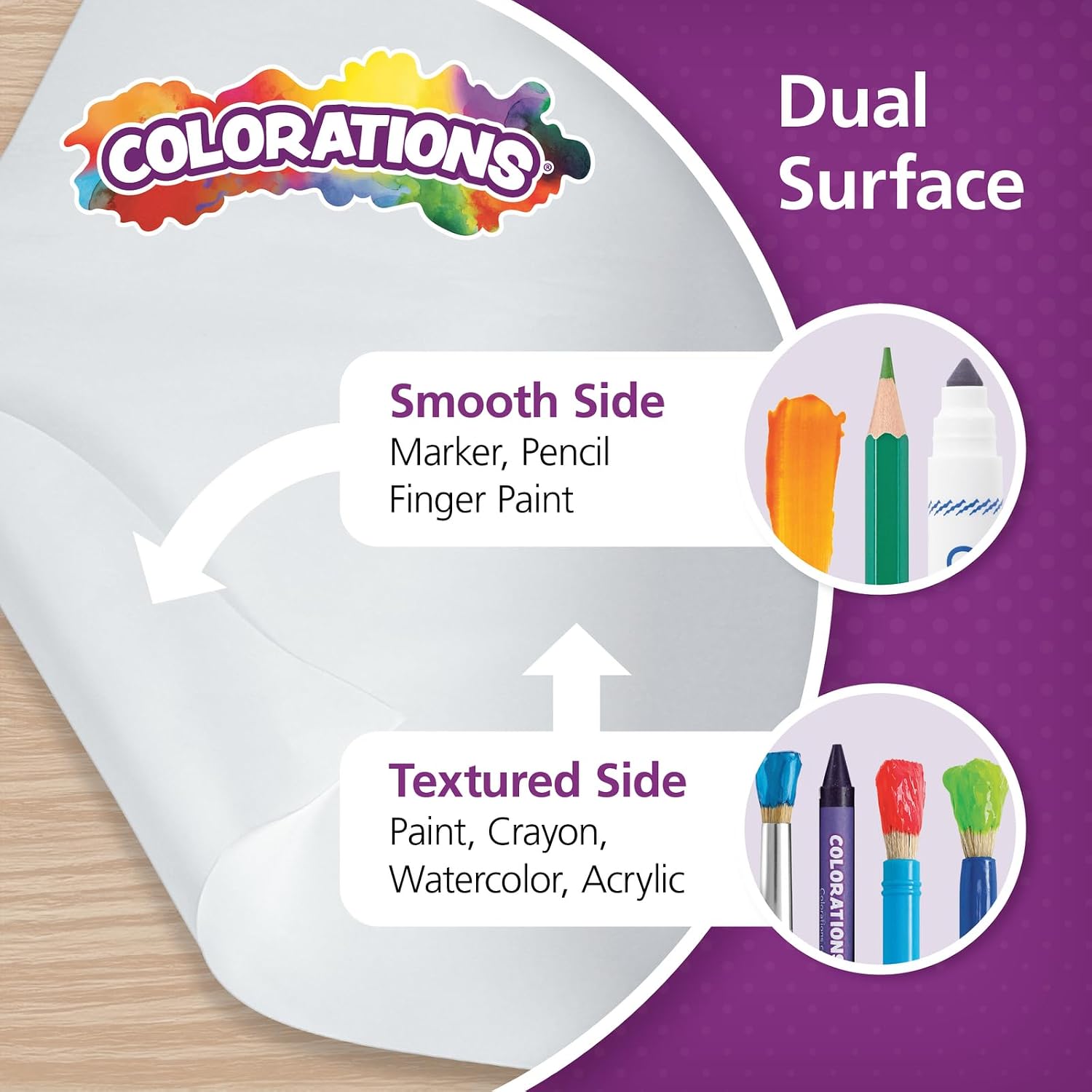 Colorations Dual Surface Paper Roll Classroom Supplies for Arts and Crafts White (36' x 1000') (Item # DSWH)