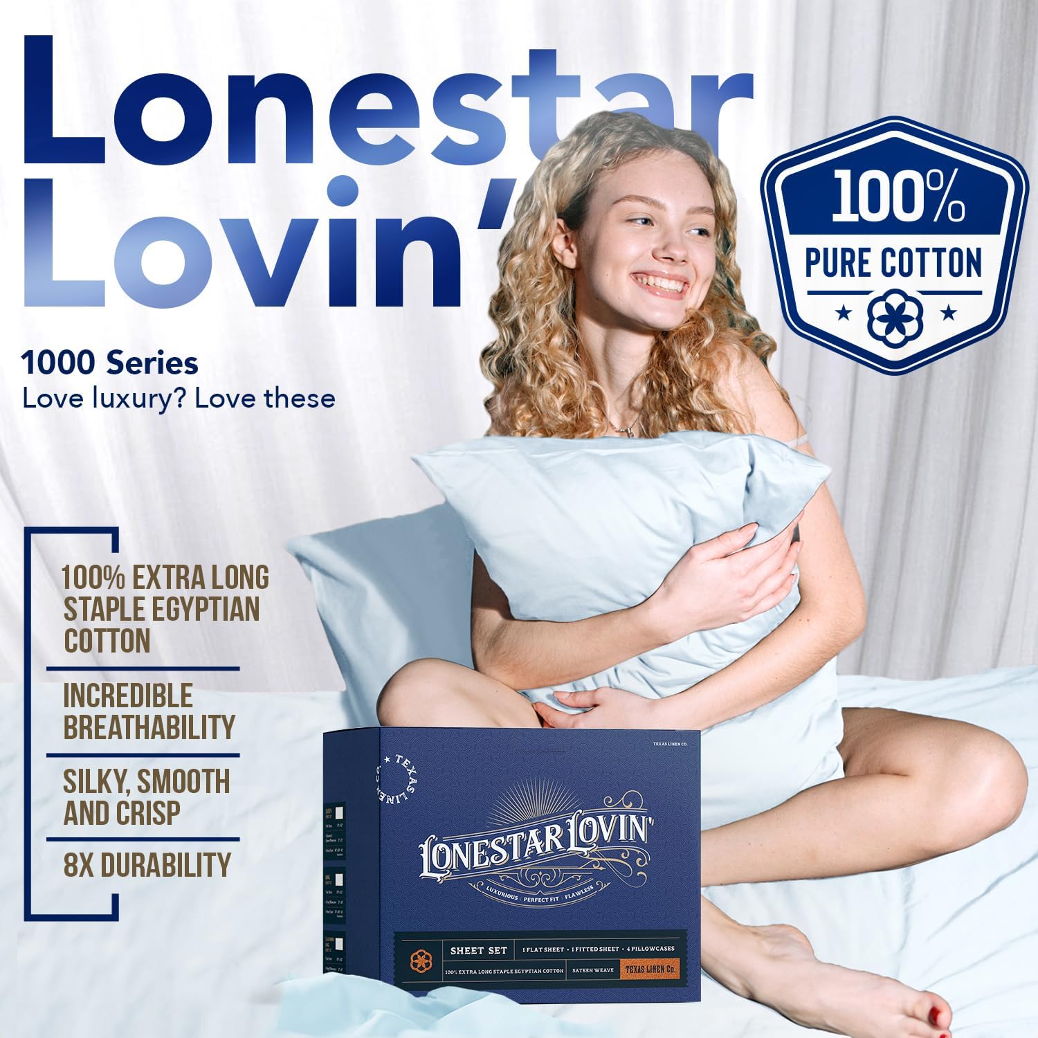 TEXAS LINEN CO. 100% Egyptian Cotton Sheets King Size Set of 2 - Luxury 1000 Series Lonestar Lovin' Collection Egyptian Cotton King Sheet Set (8 PC, White), Soft, Cooling, 16' Deep Pocket Bed Sheet