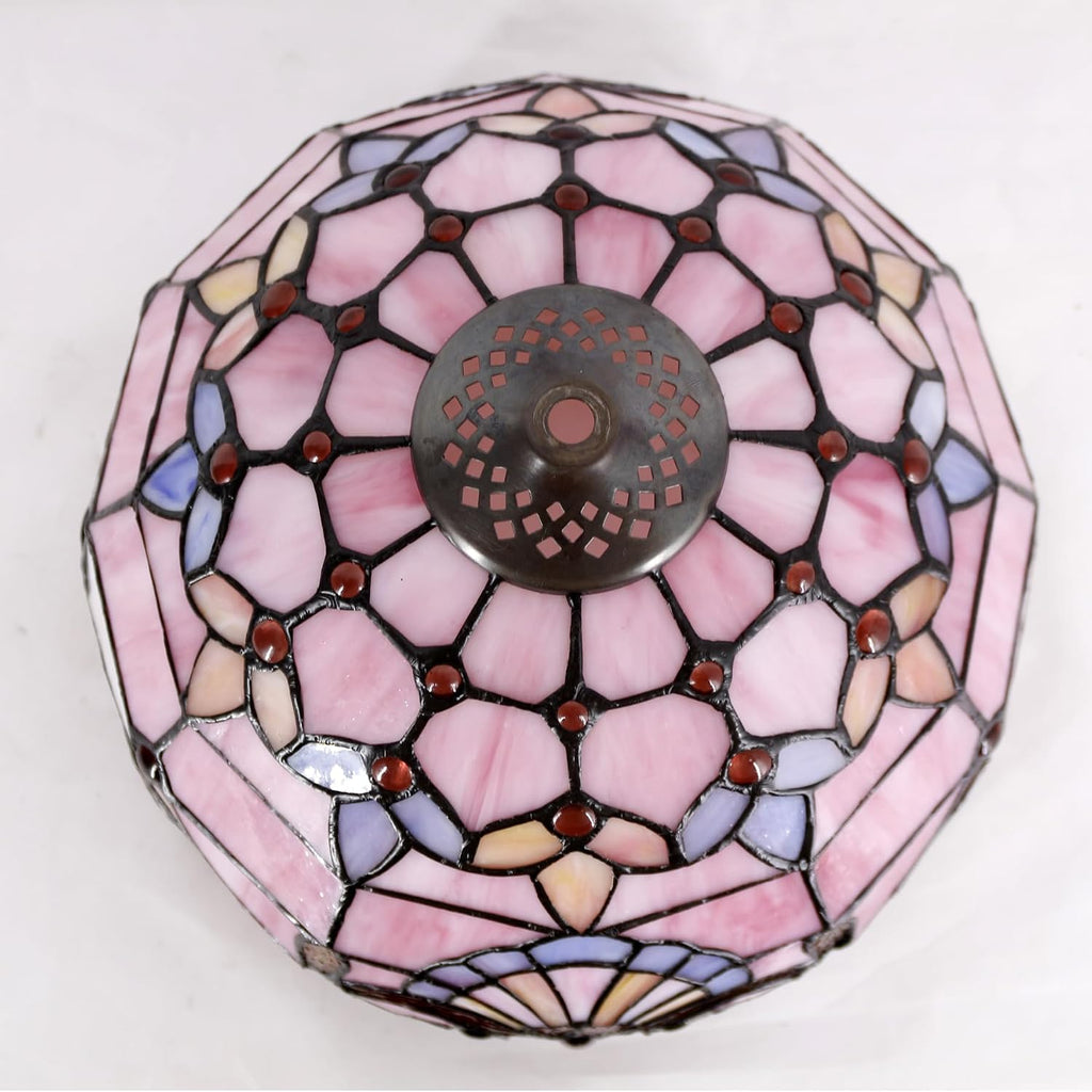 WERFACTORY Tiffany Lamp Stained Glass Table Lamp 12X12X18 Inch Pink Baroque Style Lavender Bedside Reading Desk Light Decor Bedroom Living Room Home Office S003P Series