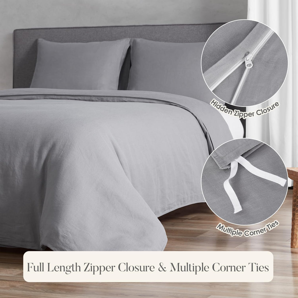 DAPU 100% Linen Duvet Cover Set - Pure Natural French Flax Linen with Corner Ties and Zipper Closure Soft Breathable Durable for Hot Sleepers 1 Duvet Cover 2 Pillowcases (Earl Gray, Queen/Full)