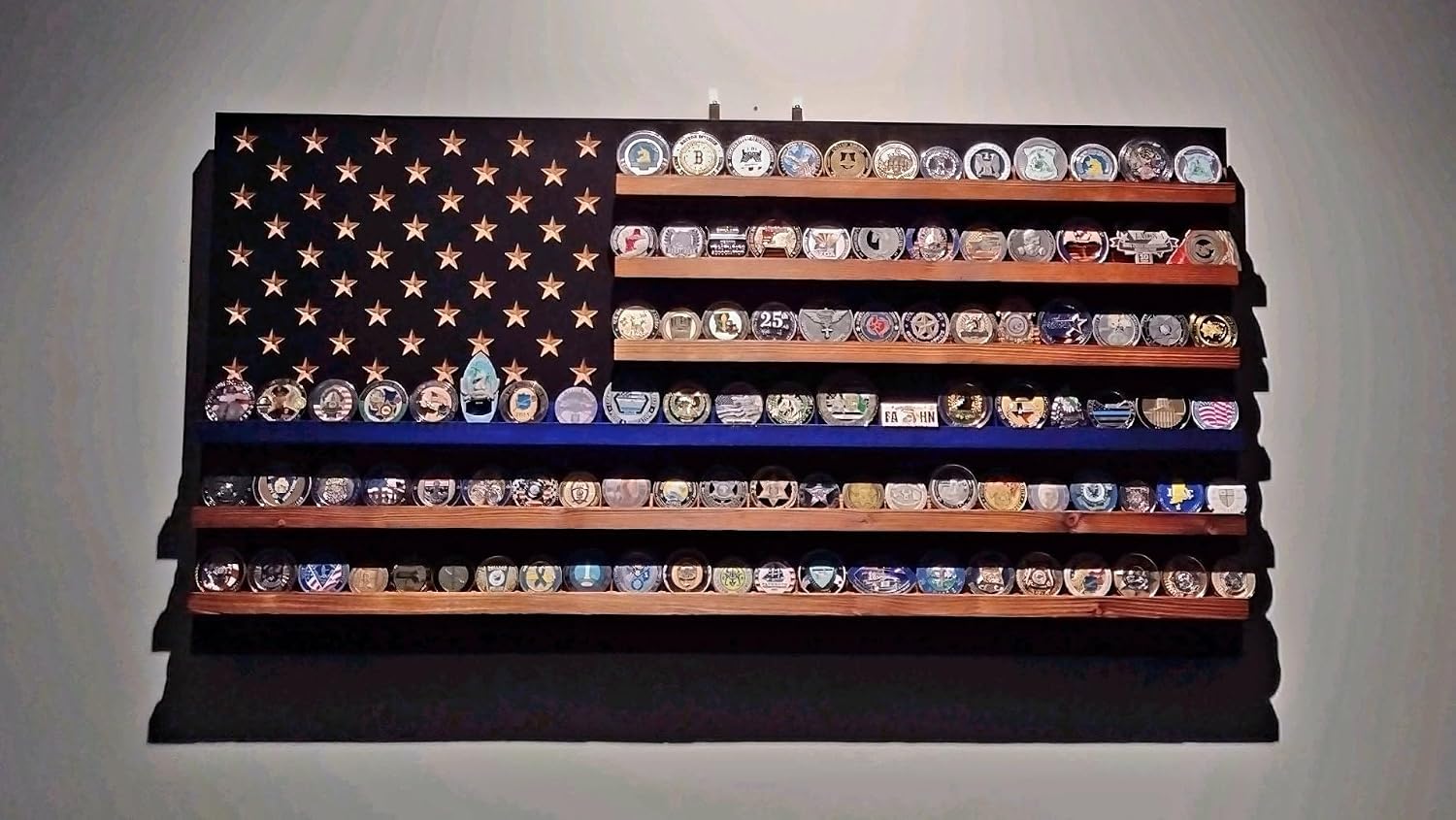Thin Blue Line Challenge Coin Holder Display, Wooden Shelves hold 90-100 Coins, for Military, Police, Law Enforcement, First Responders, Custom Handmade Quality, Made in Texas