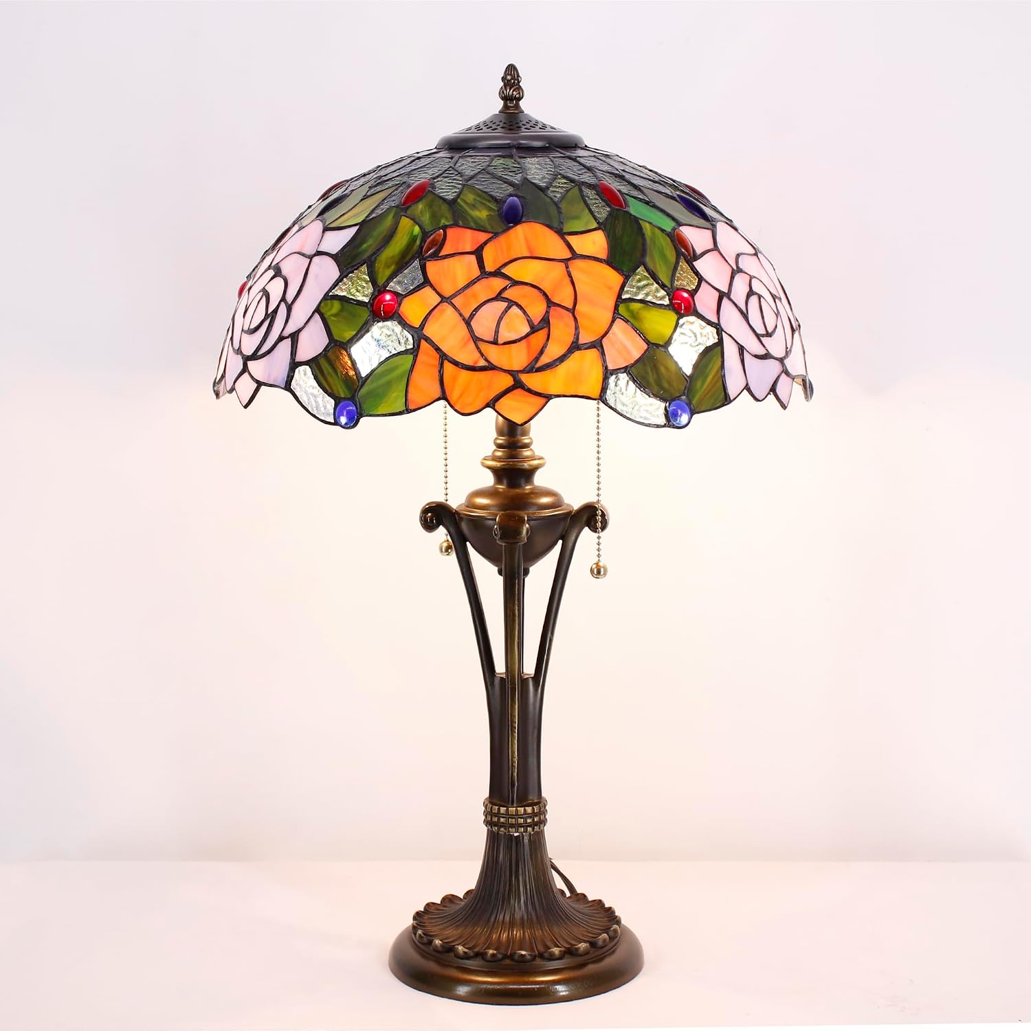 Tiffany Table Lamp Orange Purple Stained Glass Desk Lamp 16X16X24 Inches Rose Flower Style Reading Light