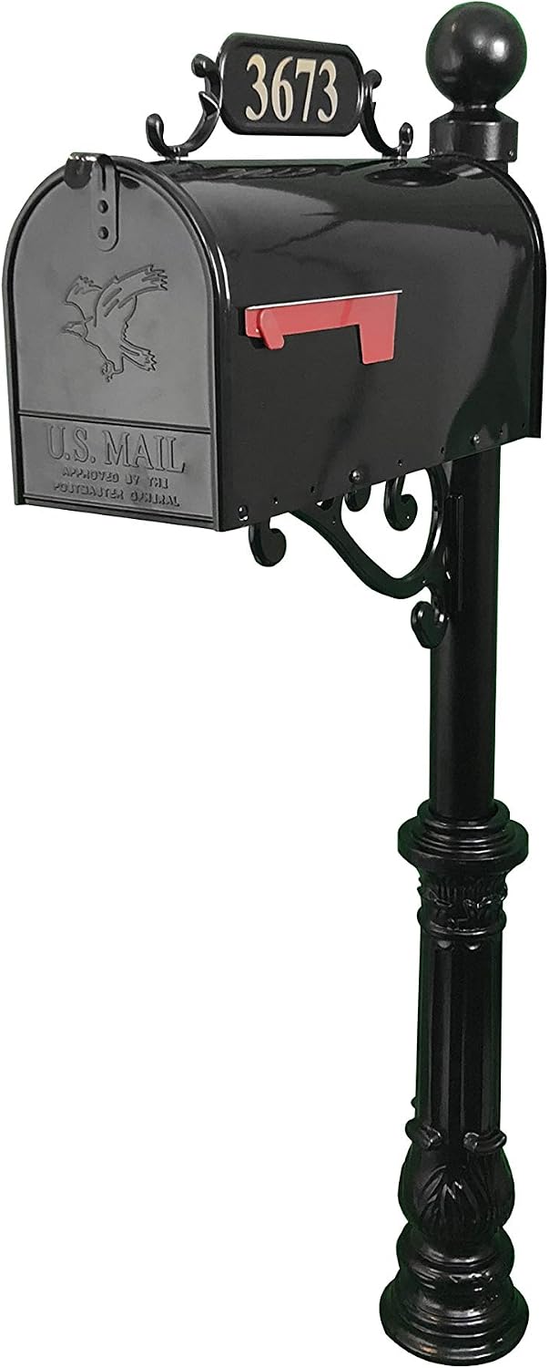 Corinthia Mailbox with Post Combo – Black Aluminum Decorative Mailbox – Includes Address Plaque, House Numbers, Ball Finial, & Hardware (Standard)