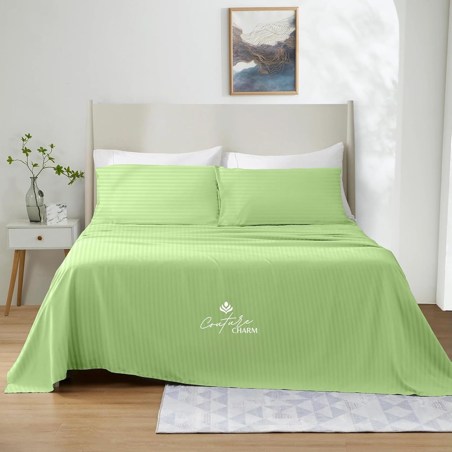 Queen Size 1000 Thread Count 100% Egyptian Cotton Sheet Set, 4-Piece, Sateen Weave, with 10-12' Inch Deep Pocket Snug Fit (Stripe, Sage Green)