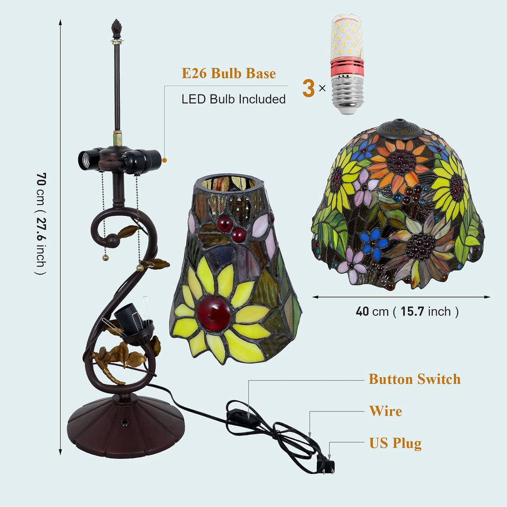 Sunflowers Tiffany Table Lamp Multi-Color Flowers Table Lamp Stained Glass Lamp 16X16X28 Inch Bedside Nightstand Reading Desk Light for Bedroom Home Office Decor, LED Bulb Included