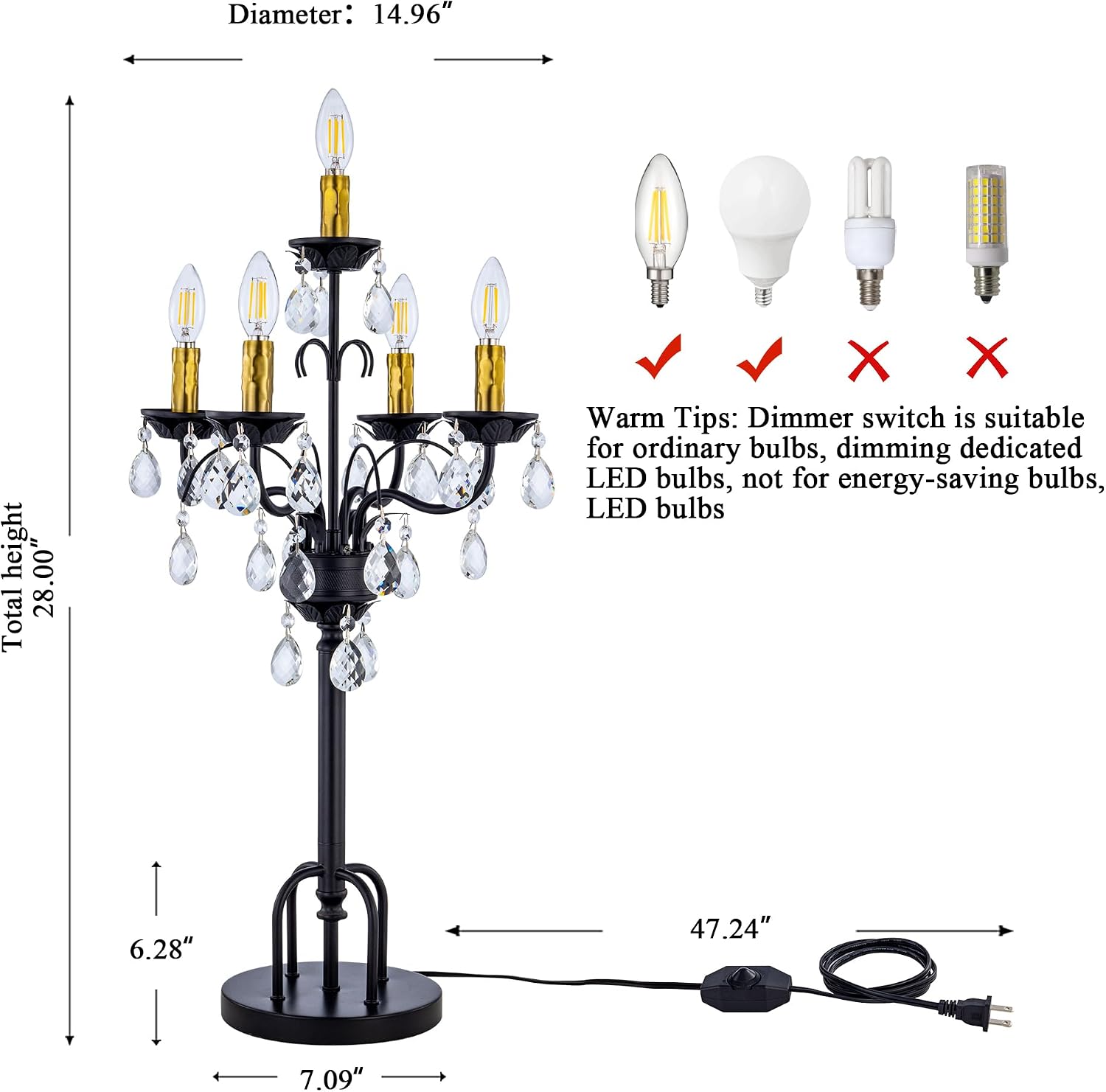 TOCHIC Black Gold Crystal Table Lamp, 5-Light Modern Bedside Lamp for Bedroom, 28' Tall Vintage Desk Lamp for Living Room, Home Office, Dining Room, Staircase, Entryway