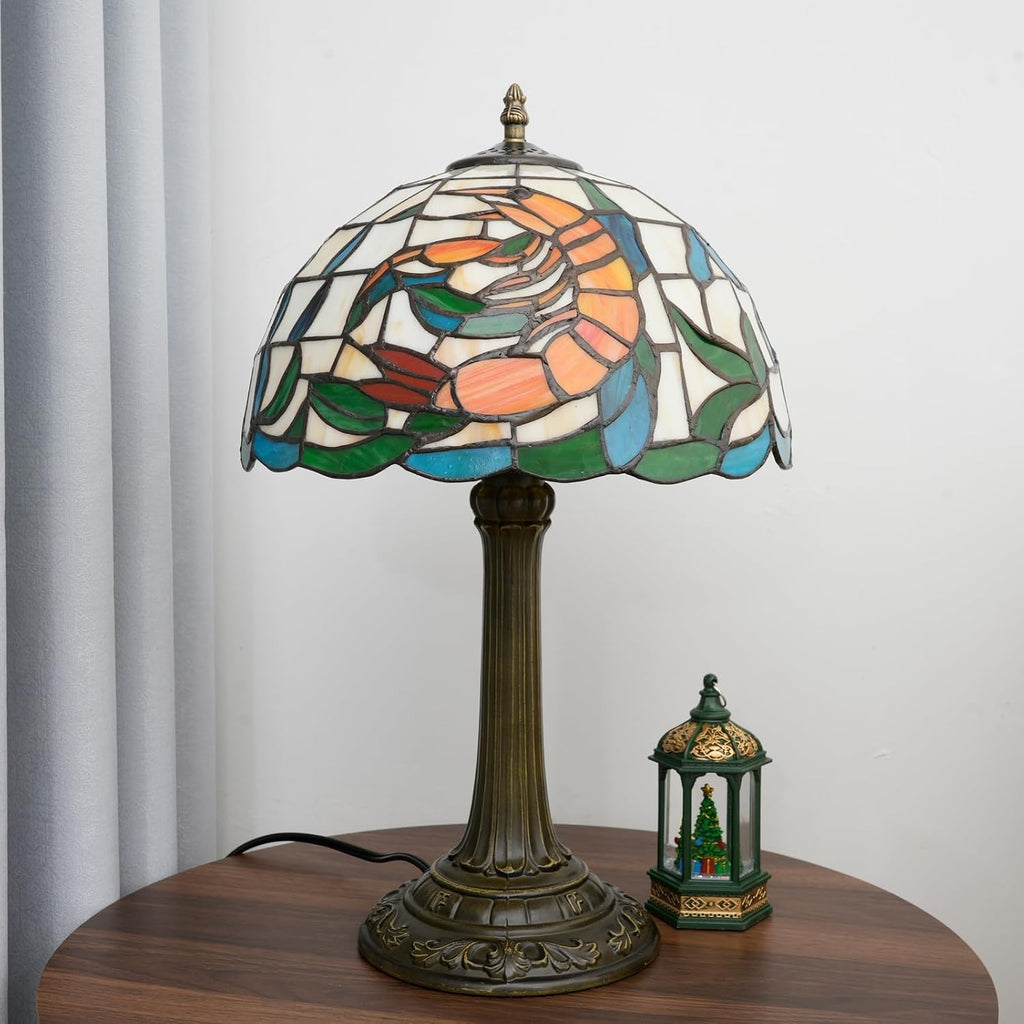 Tiffany Style Table Lamp with Orange Shrimp Stained Glass Lamp 12 Inch Retro Bronze Base Bedside Lamp Bedroom，Living Room, Bar,Cafe,Restaurant Hotel Coastal Style Decorative Ambient Light