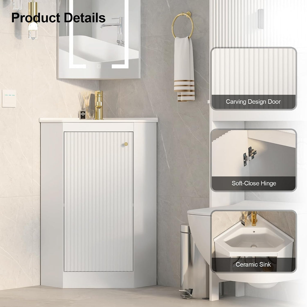 24' Corner Bathroom Vanity Sink Combo for Small Space, Freestanding Compact Space Bathroom Storage Cabinet with White Ceramic Sink, Wall Mounted Modern Vanity,White