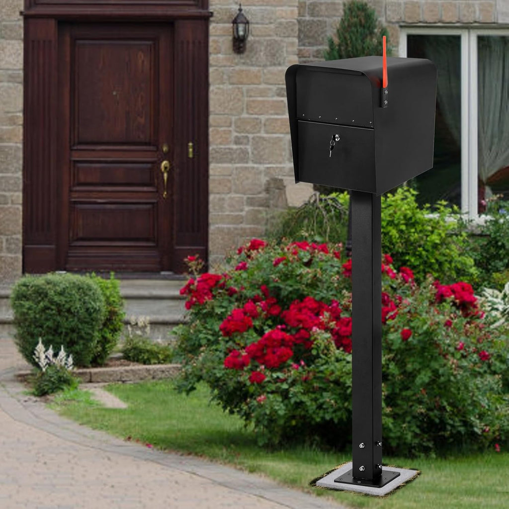43 Inch Steel Mailbox Post with Post Base, Heavy Duty In-Ground Mounting Post for Outside, Q235 Mail Box Post for Street Curbside, Mailbox Post Kit for Sidewalk, Black