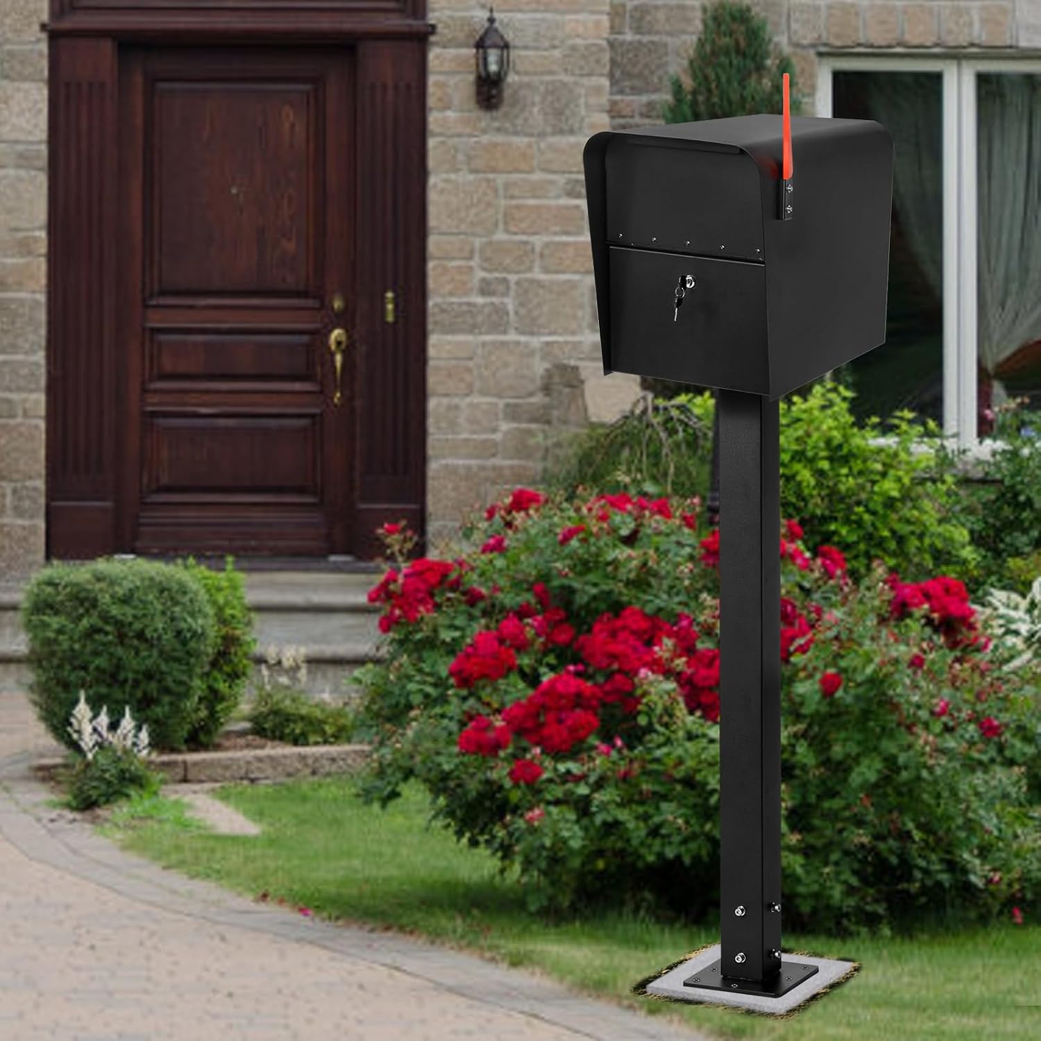 43 Inch Steel Mailbox Post with Post Base, Heavy Duty In-Ground Mounting Post for Outside, Q235 Mail Box Post for Street Curbside, Mailbox Post Kit for Sidewalk, Black