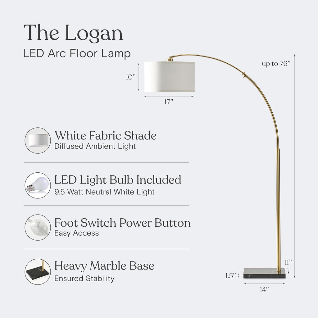 Brightech Logan Arc Floor Lamp, Bright Standing Lamp for Living Rooms, Offices & Bedrooms, Modern Living Room Décor, Tall Hanging Floor Lamp for Reading and More – Gold/Brass