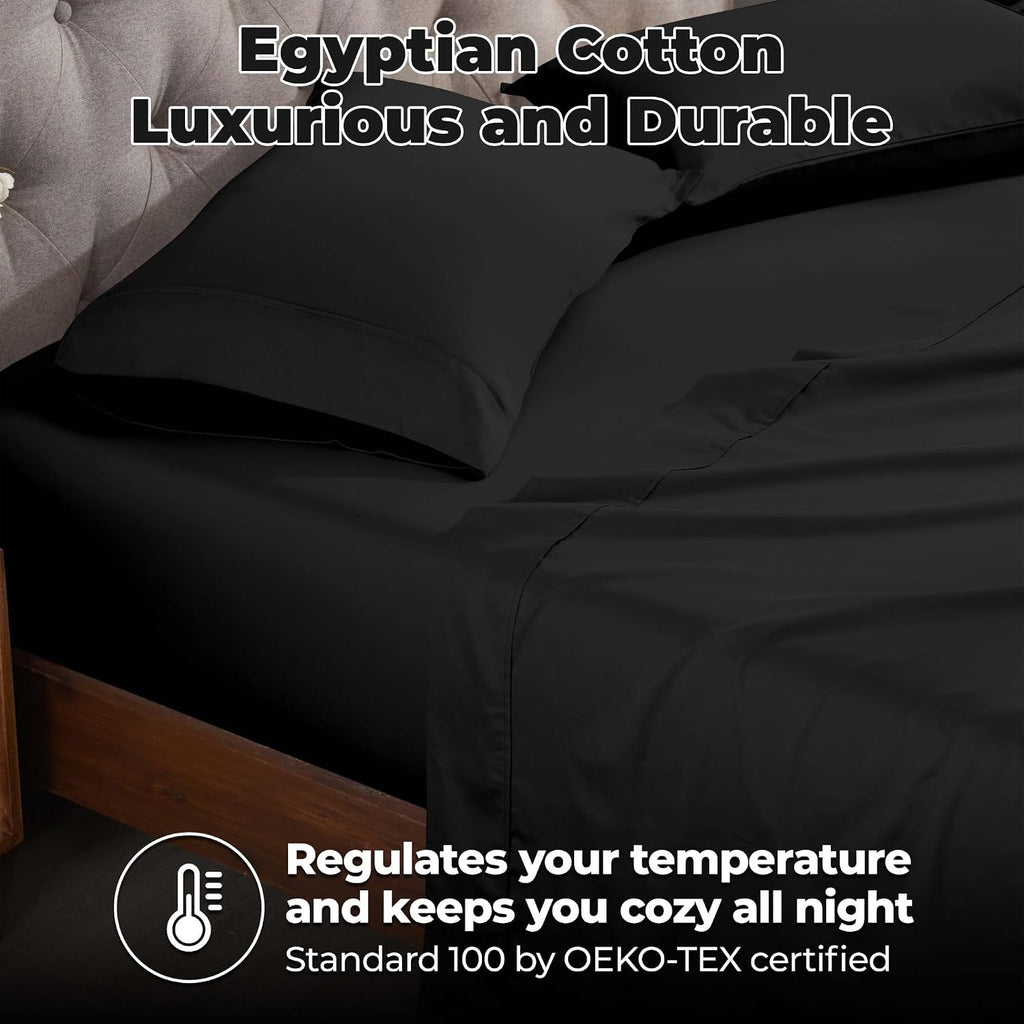Superior Egyptian Cotton 300 Thread Count Bed Sheet Set, 2 Elastic Deep Pocket Fitted Sheets, 1 Flat Sheet, 2 Pillowcases, Daily Soft Sheets, Luxury, Plush, Home Essentials, Split King, Black