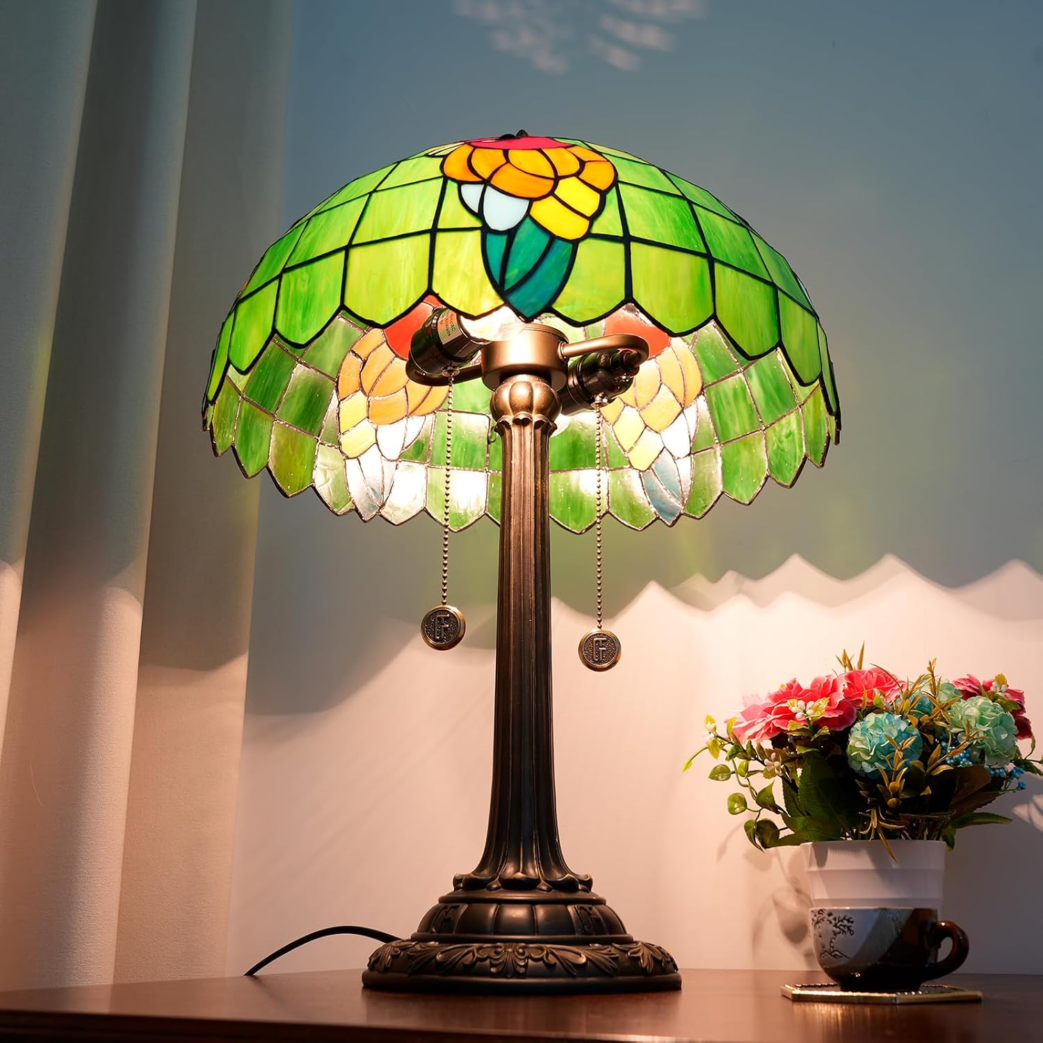 Tiffany Table Lamp Green Stained Glass Parrot Style Bedside Lamp 16X16X23 Inches Desk Decor Light Classic Farmhouse Reading Table Lamps for Home Office