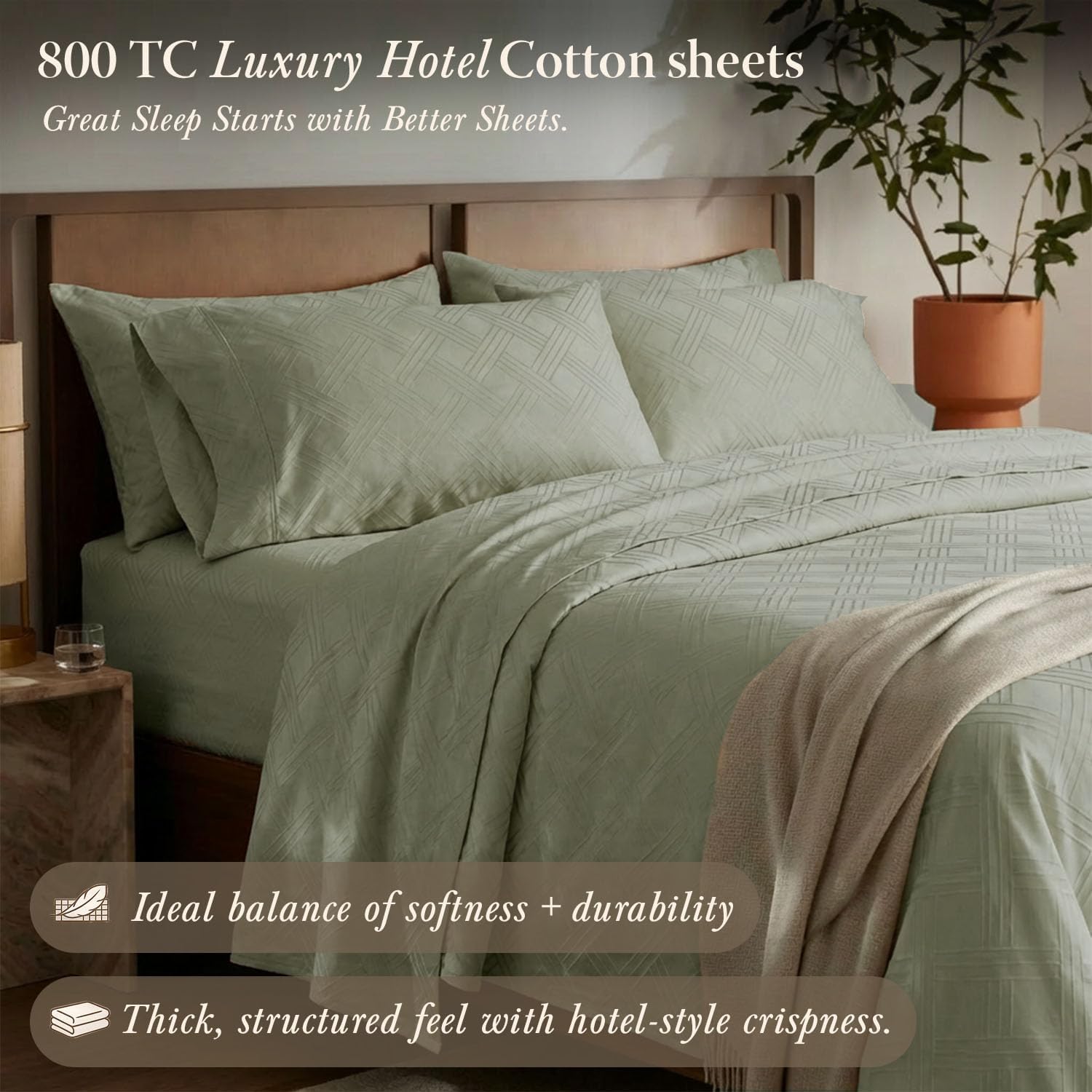 Threadmill California King Size Sheets | 800 Thread Count Jacquard Celine Sage Green | 4 Piece Striped Bed Sheets | Extra Long Staple Cotton Sheet | Luxury Damask Sheets with Elasticized Deep Pocket