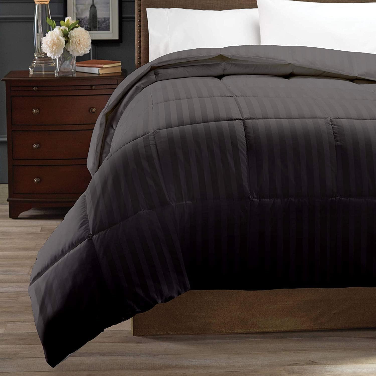 Premium 1000 Thread Count RV-Short Queen Size 1 Piece Comforter (500GSM Fiber Fill) Elephant Grey Stripe 100% Egyptian Cotton, (88'X88')