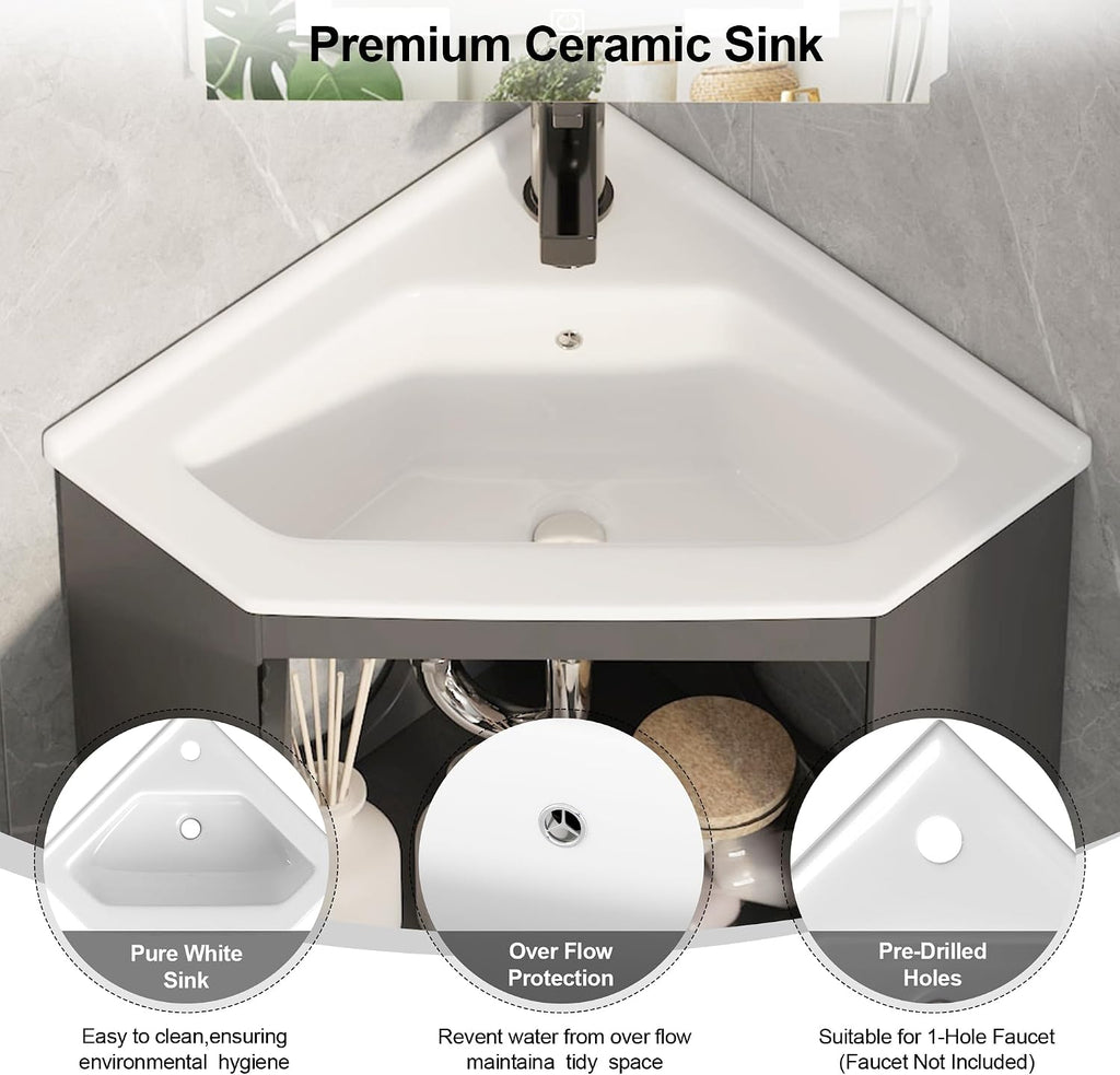 24 Inch Corner Bathroom Vanity with Sink for Small Spaces, Black Freestanding Bathroom Vanity with Ceramic Sink, Modern Wall Mount Small Bathroom Vanity for Powder Room,Half Bath(No Faucet)