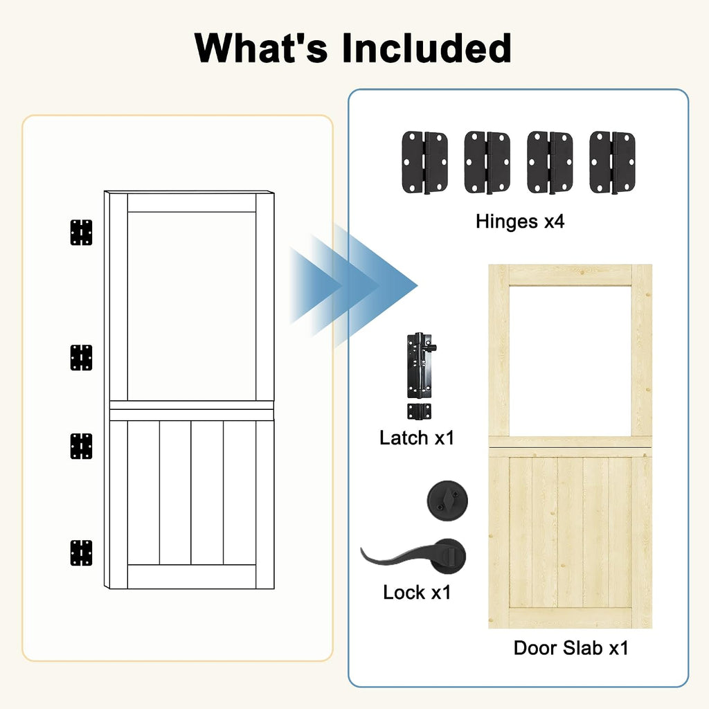30' x 80' Exterior Dutch Entry Door (Front/Outside) - 1.75' Solid Pine with 1-Lite Glass, Half Panel,Interior Doors Slab for Home Entryway/Back w/4 Hinges+1 Latch +1 Slab+1 Lock Set