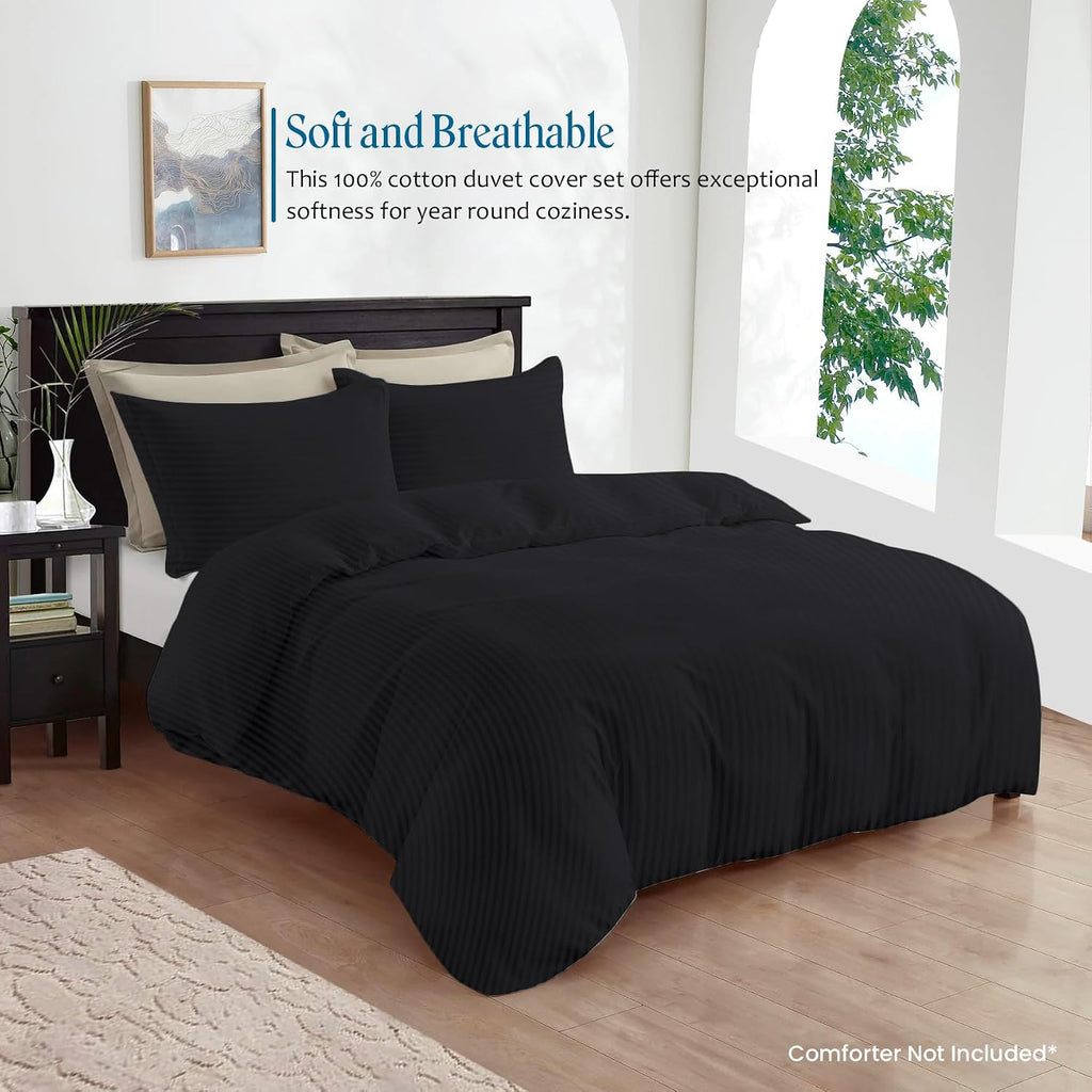 800TC 3 Sided Zipper Duvet Cover Set Soft Egyptian Cotton 3 Sided Zipper Closure, 3 PCS 1-Duvet Cover & 2- Pillow Shams - Oversize Queen Size (98' x 98') Inches, (Black Stripe)