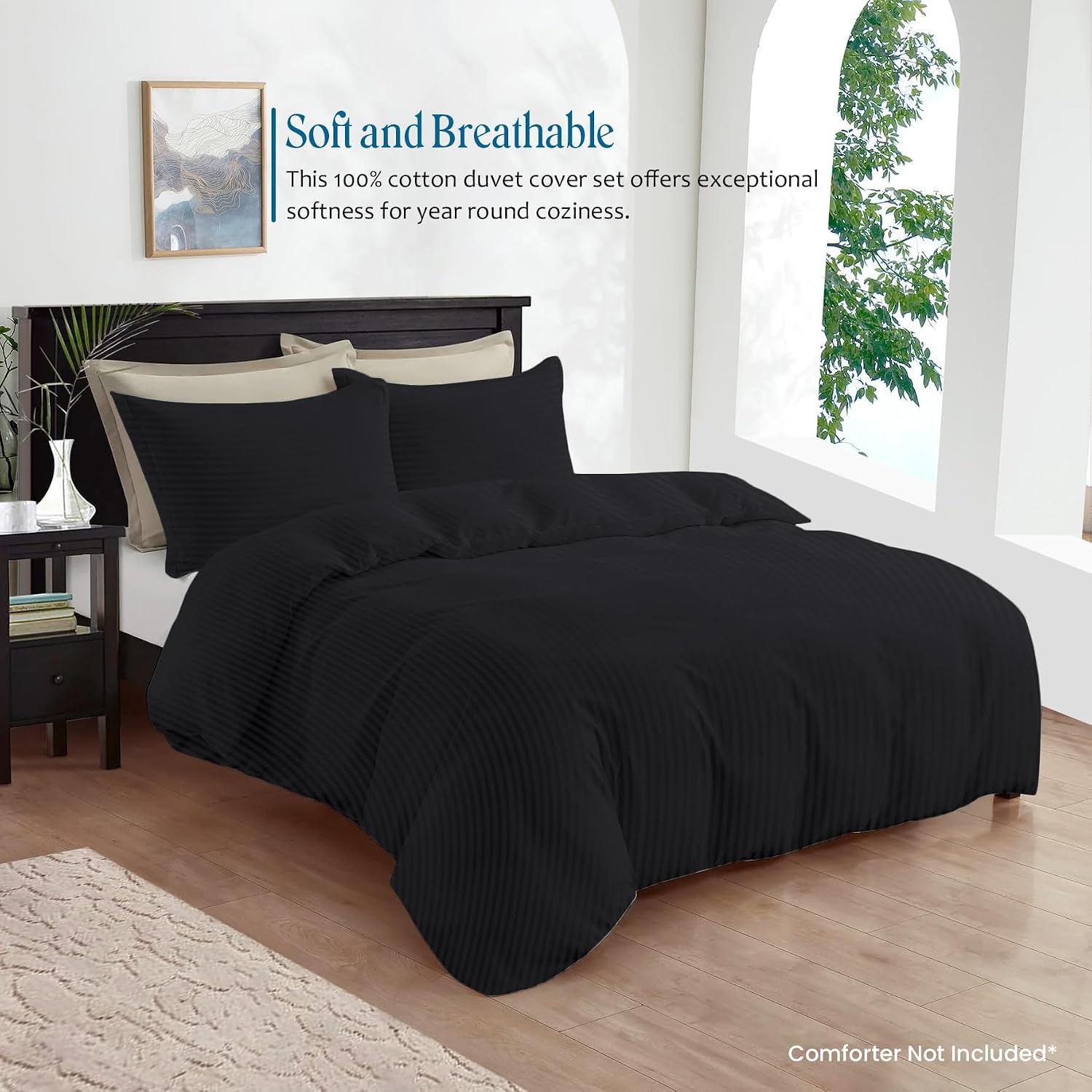 800TC 3 Sided Zipper Duvet Cover Set Soft Egyptian Cotton 3 Sided Zipper Closure, 3 PCS 1-Duvet Cover & 2- Pillow Shams - Oversize Queen Size (98' x 98') Inches, (Black Stripe)