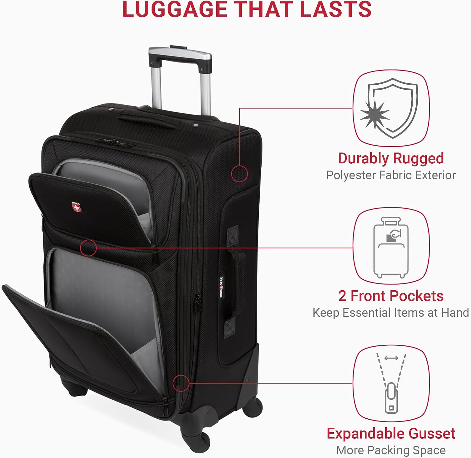 SWISSGEAR Sion Softside Expandable Spinner Luggage Durable Lightweight Travel Suitcase, Black, Checked-Medium