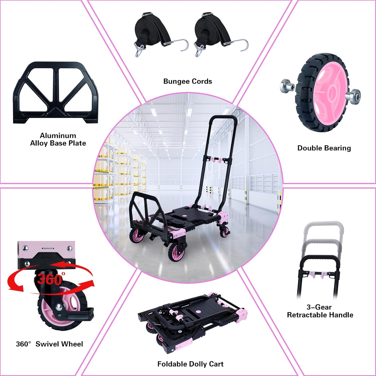 JJSMKCH 2 in 1 Folding Hand Truck,330LB Capacity Hand Truck Foldable,Dolly Cart with Wheels and 3-Speed Adjustable Handle,Portable Hand Cart,Collapsible Dolly for Moving (Pink)
