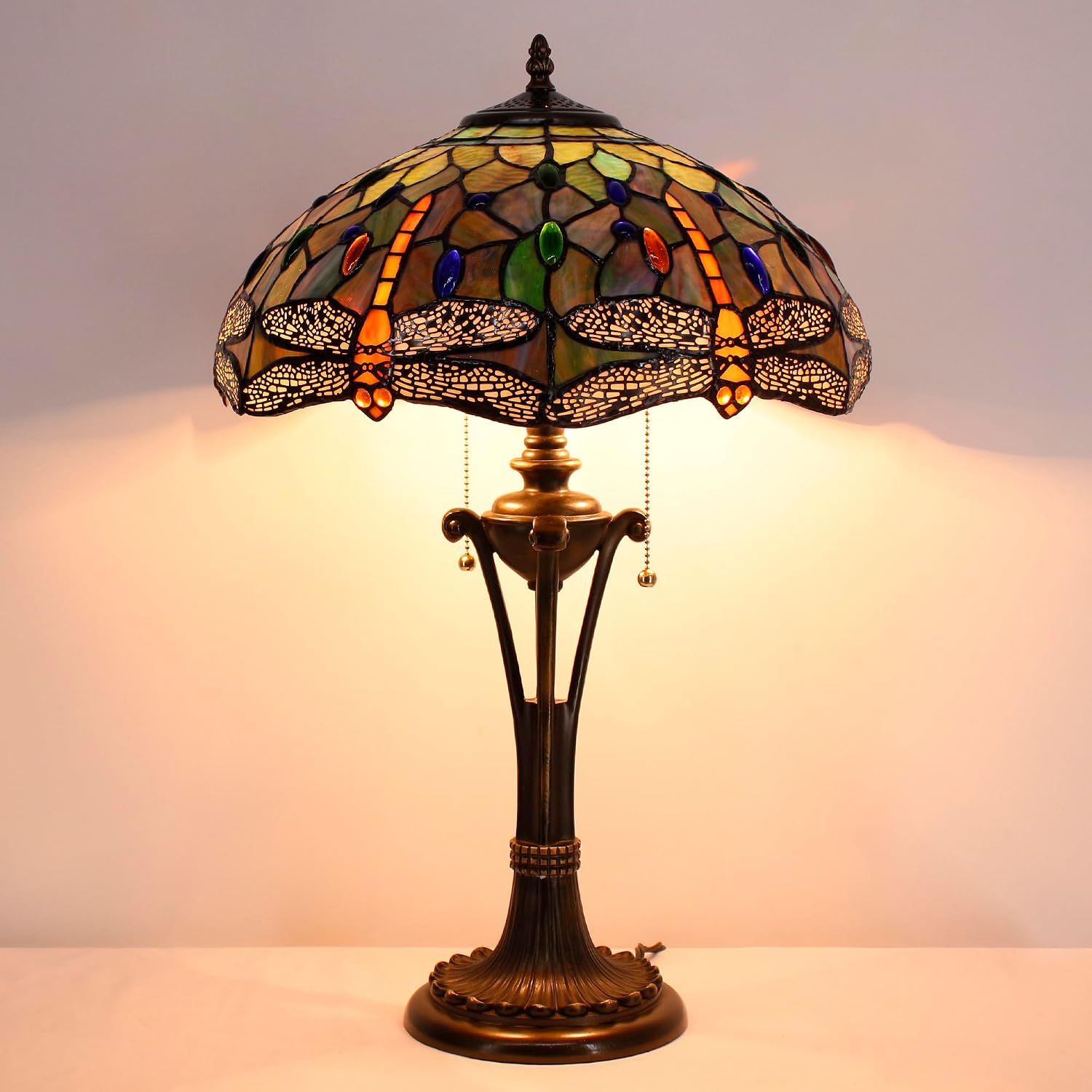 Tiffany Table Lamp Brown Yellow Stained Glass Desk Lamp 16X16X24 Inches Dragonfly Style Reading Light