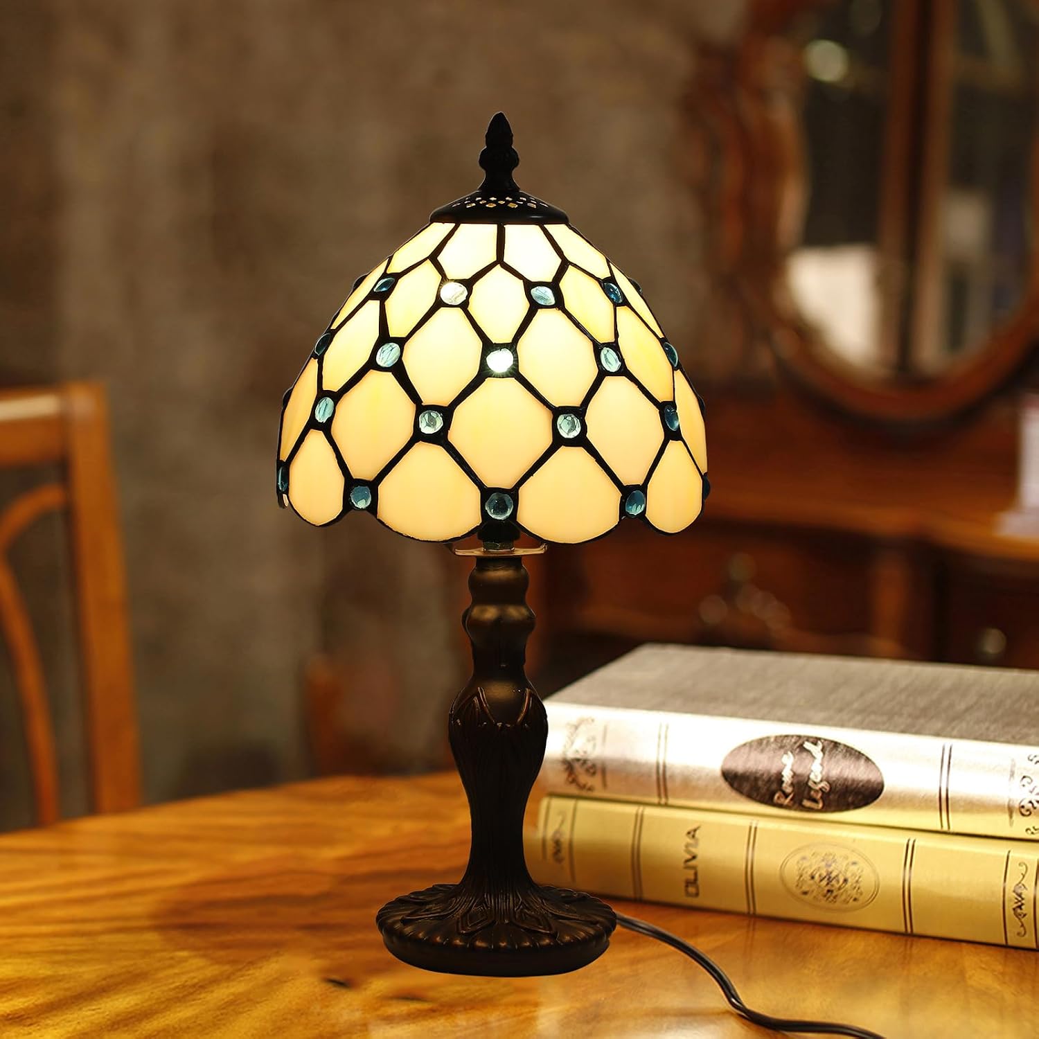 Tiffany Small Table Lamp for Living Room Blue Beads Stained Glass Bedside Nightstand Table Lamps for Bedroom Set of 2,3-Color Temperatures 8X8X15 Inch Hotel Home Office Desk Lamps
